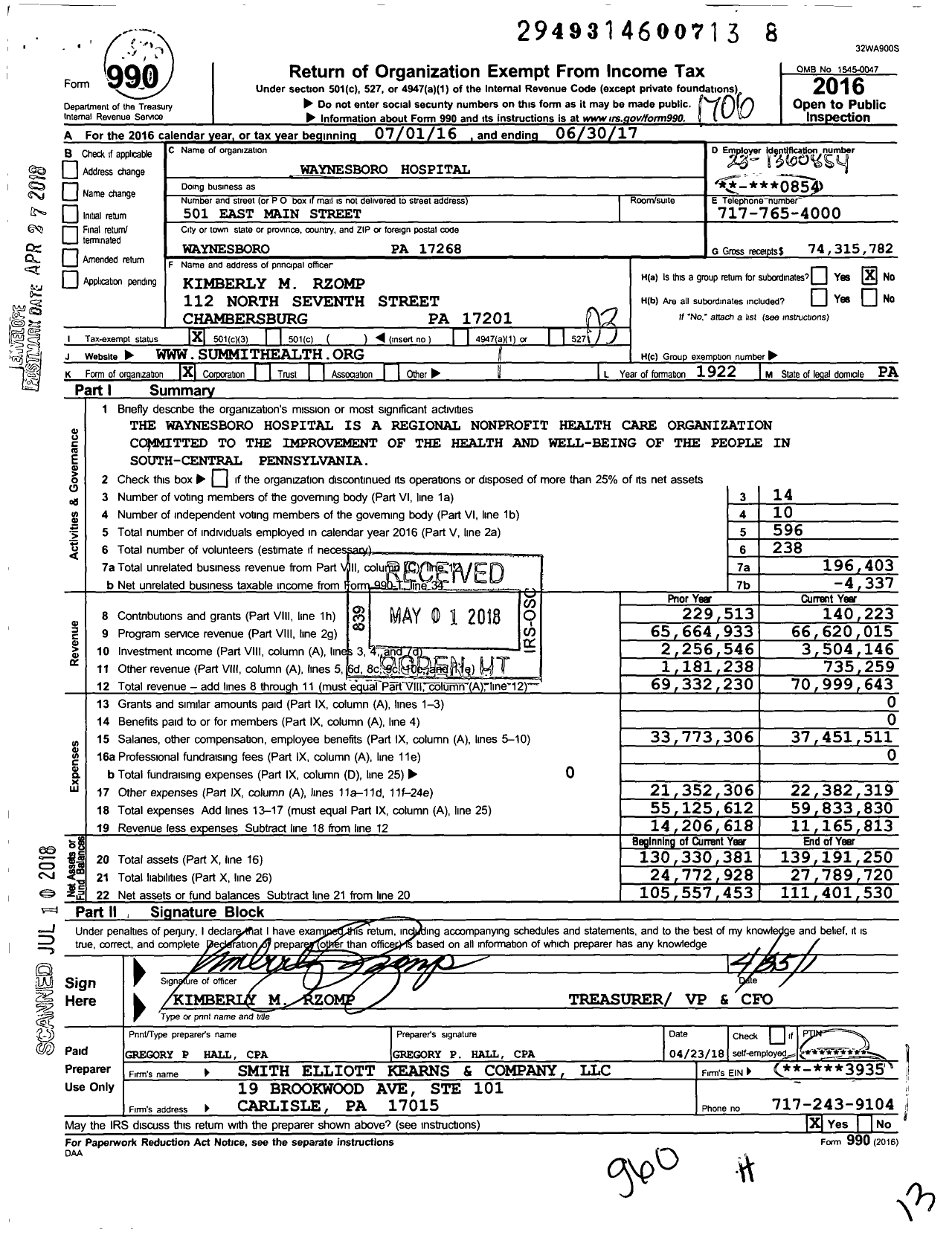 Image of first page of 2016 Form 990 for Waynesboro Hospital