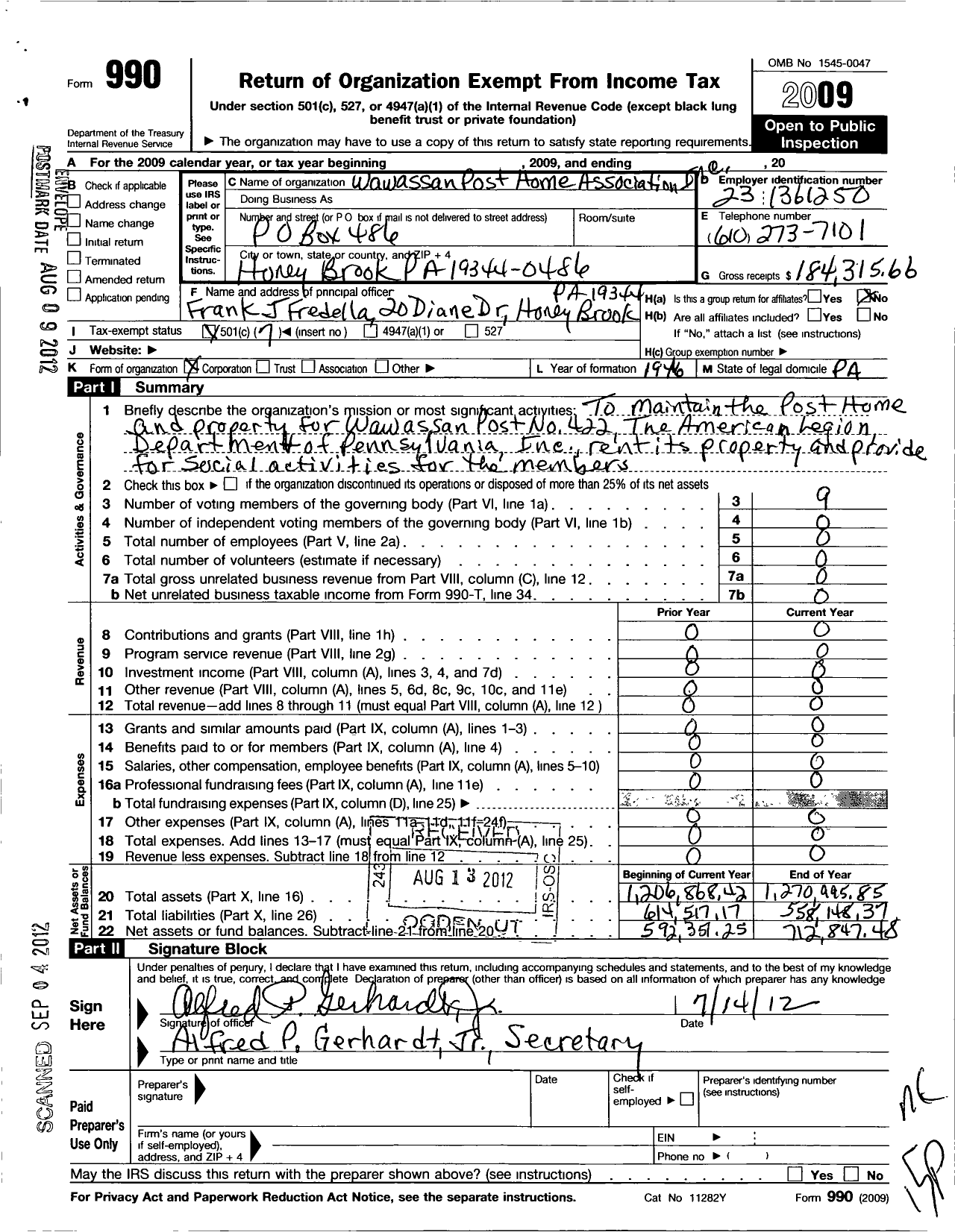 Image of first page of 2009 Form 990O for Wawassan Post Home Association