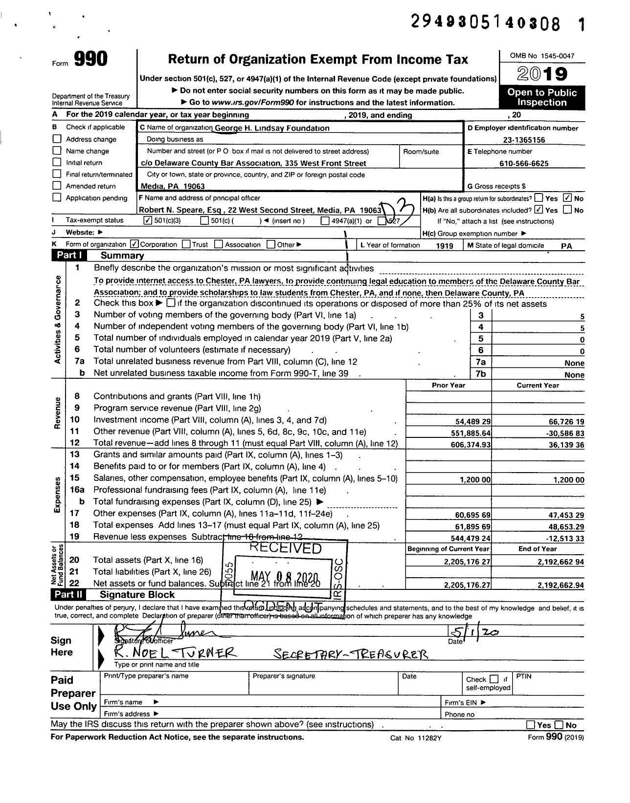 Image of first page of 2019 Form 990 for George B Lindsay Foundation