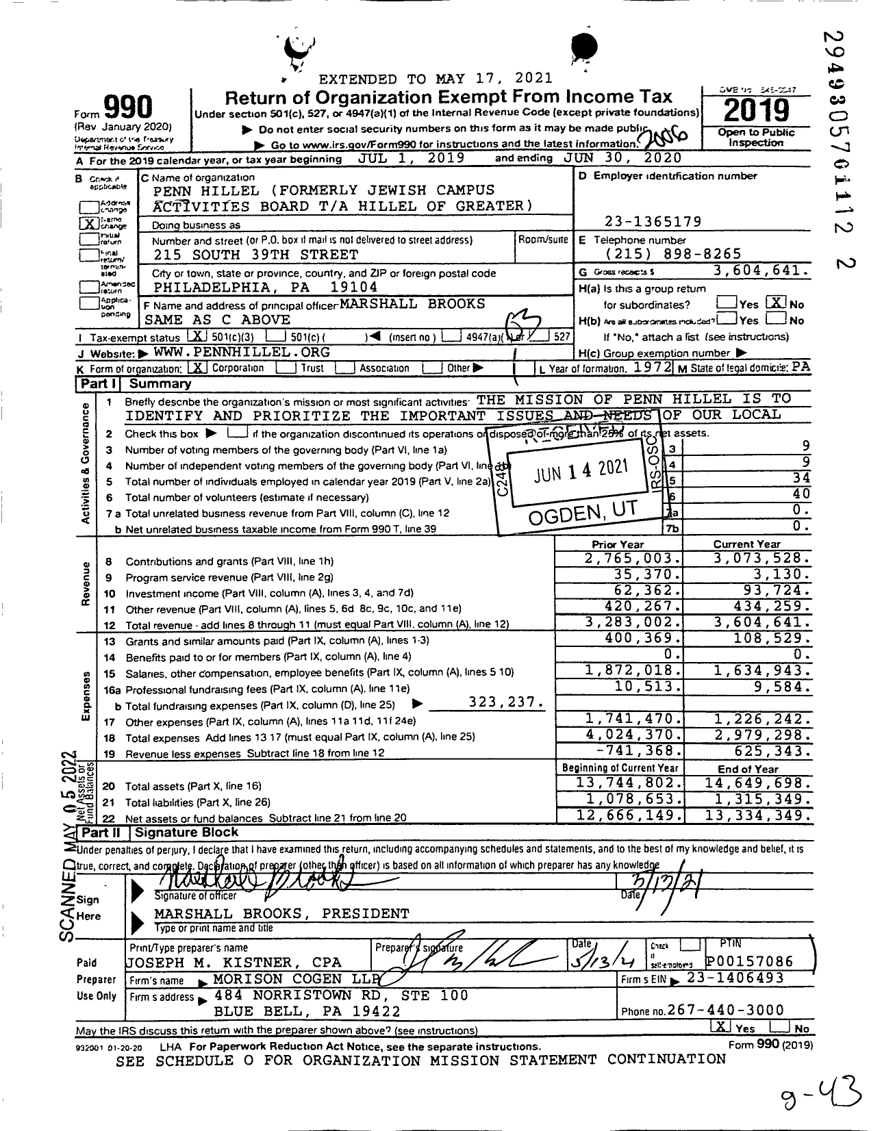 Image of first page of 2019 Form 990 for Penn Hillel