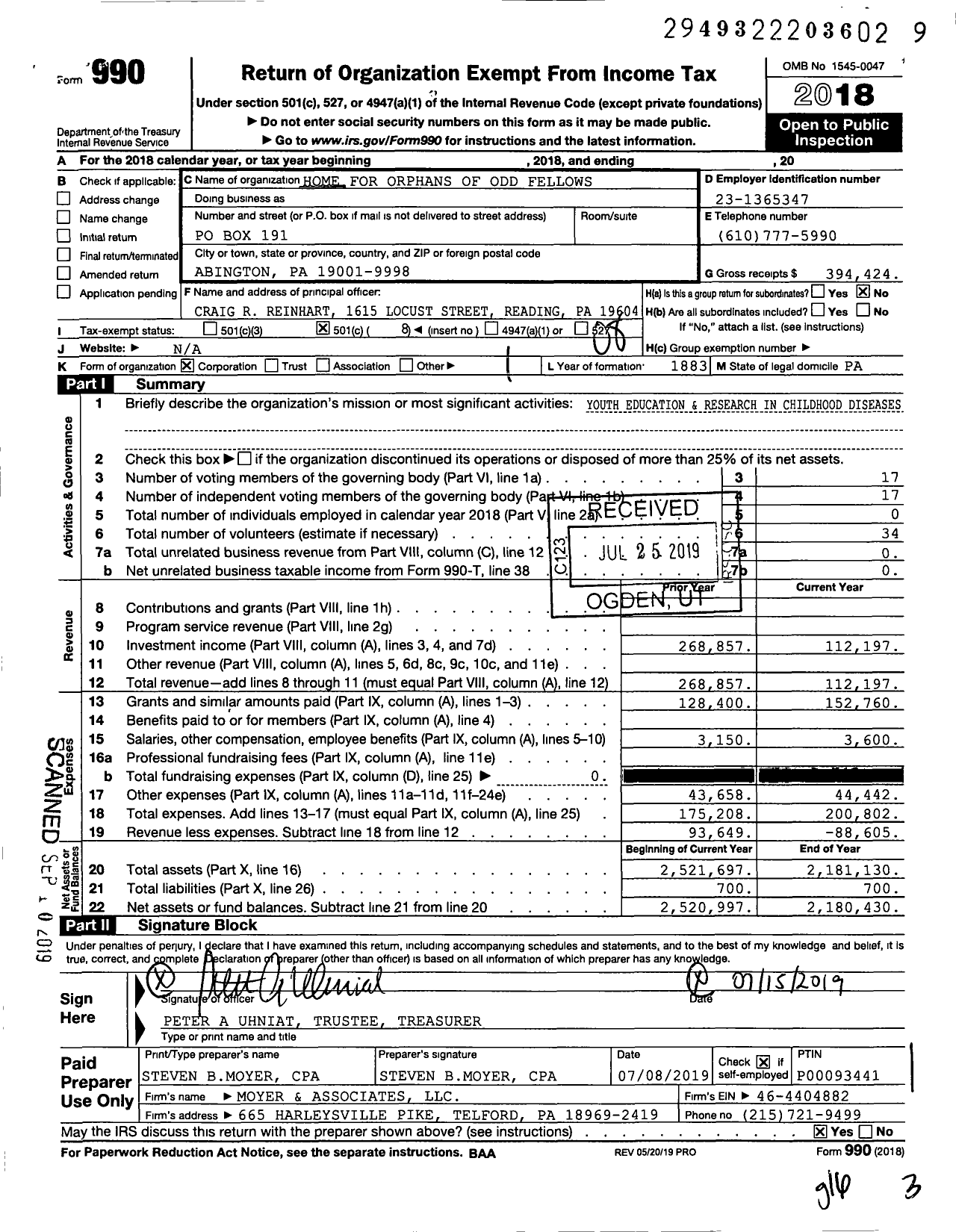 Image of first page of 2018 Form 990O for Independent Order of Odd Fellows - Home for Orphans of Odd Fellows Pa