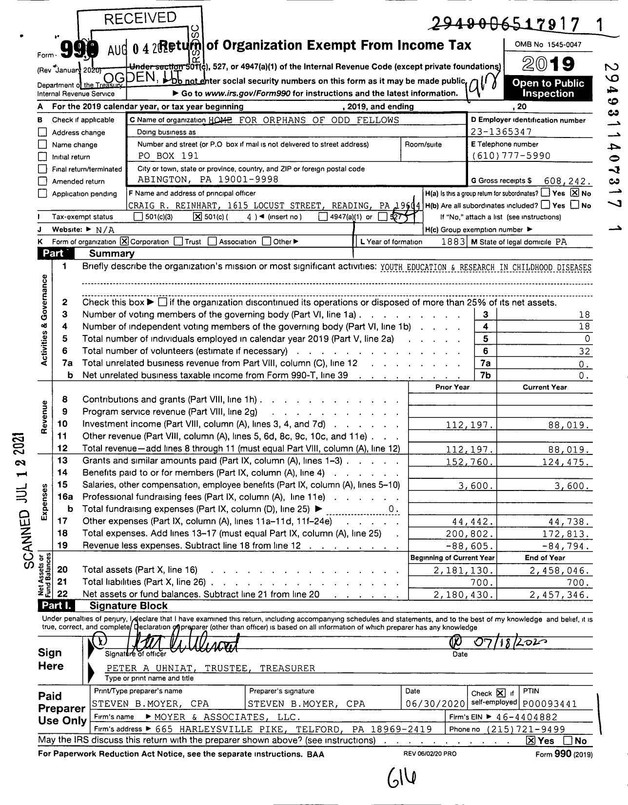 Image of first page of 2019 Form 990O for Independent Order of Odd Fellows - Home for Orphans of Odd Fellows Pa