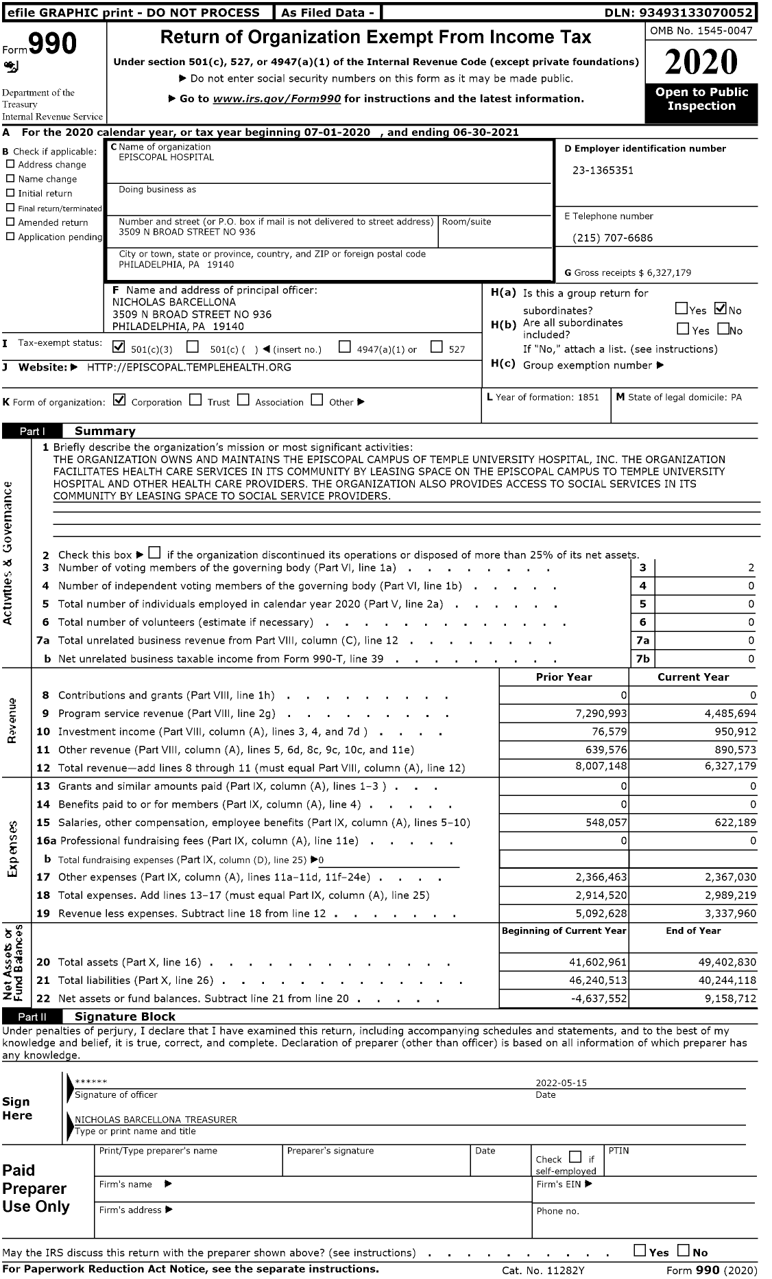 Image of first page of 2020 Form 990 for Episcopal Hospital