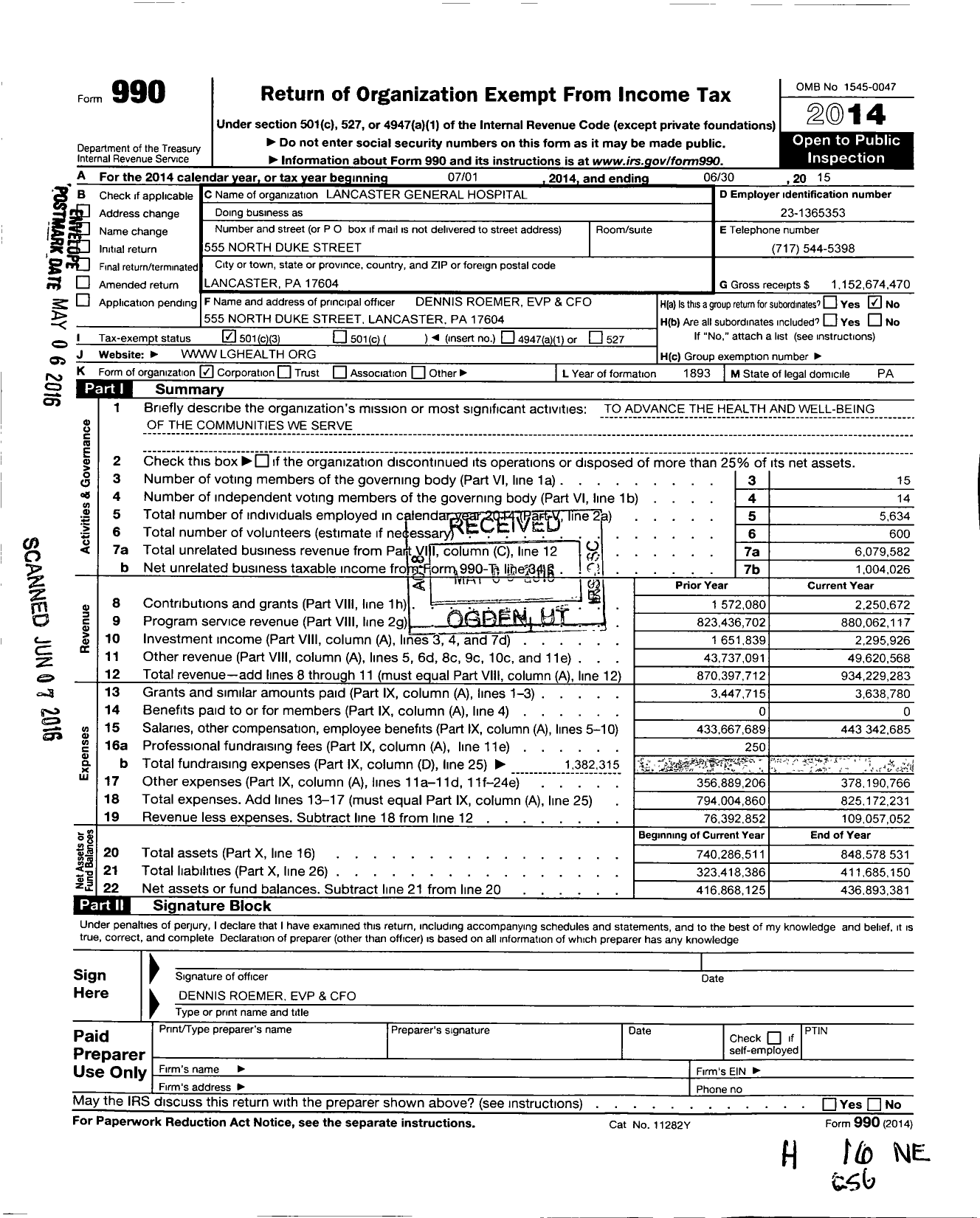 Image of first page of 2014 Form 990 for Lancaster General Health Penn Medicine (LGH)