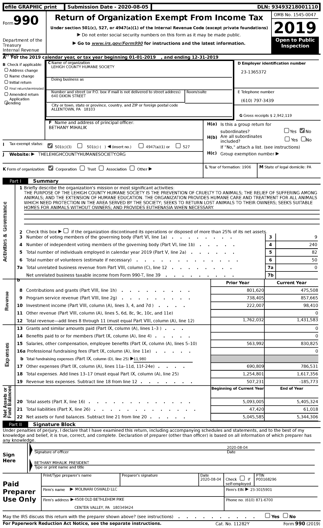 Image of first page of 2019 Form 990 for Lehigh County Humane Society (LCHS)