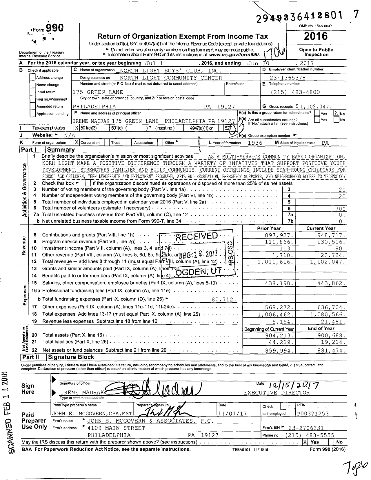 Image of first page of 2016 Form 990 for North Light Community Center