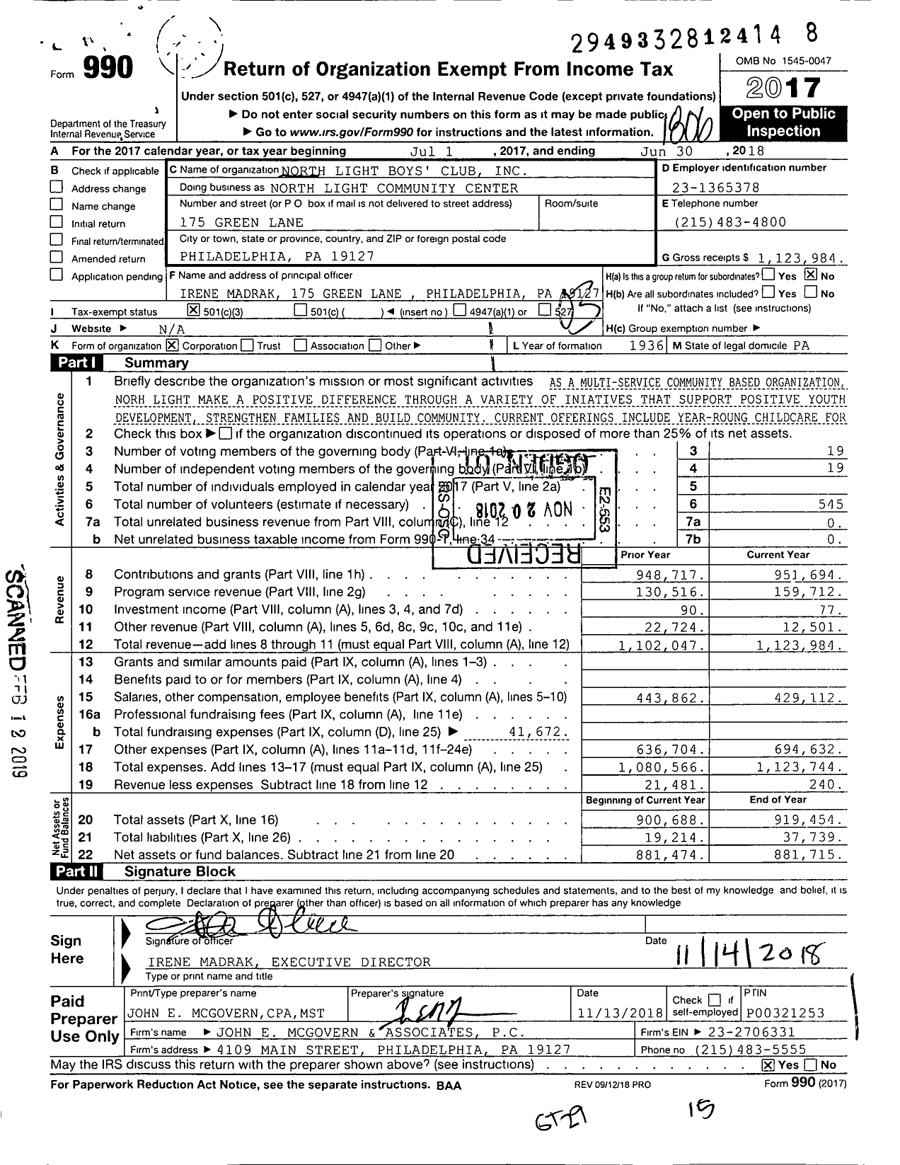 Image of first page of 2017 Form 990 for North Light Community Center