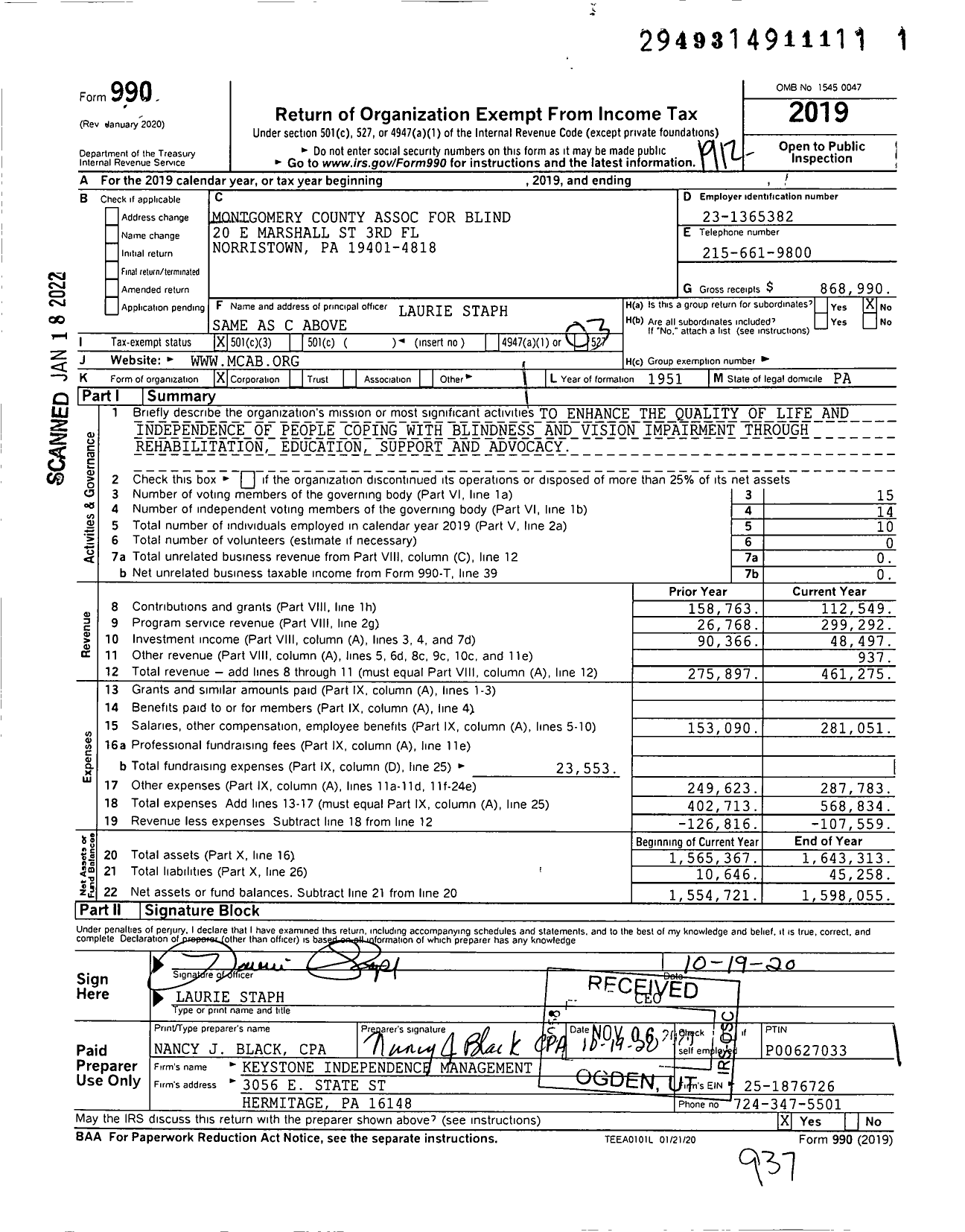Image of first page of 2019 Form 990 for Montgomery County Association for Blind