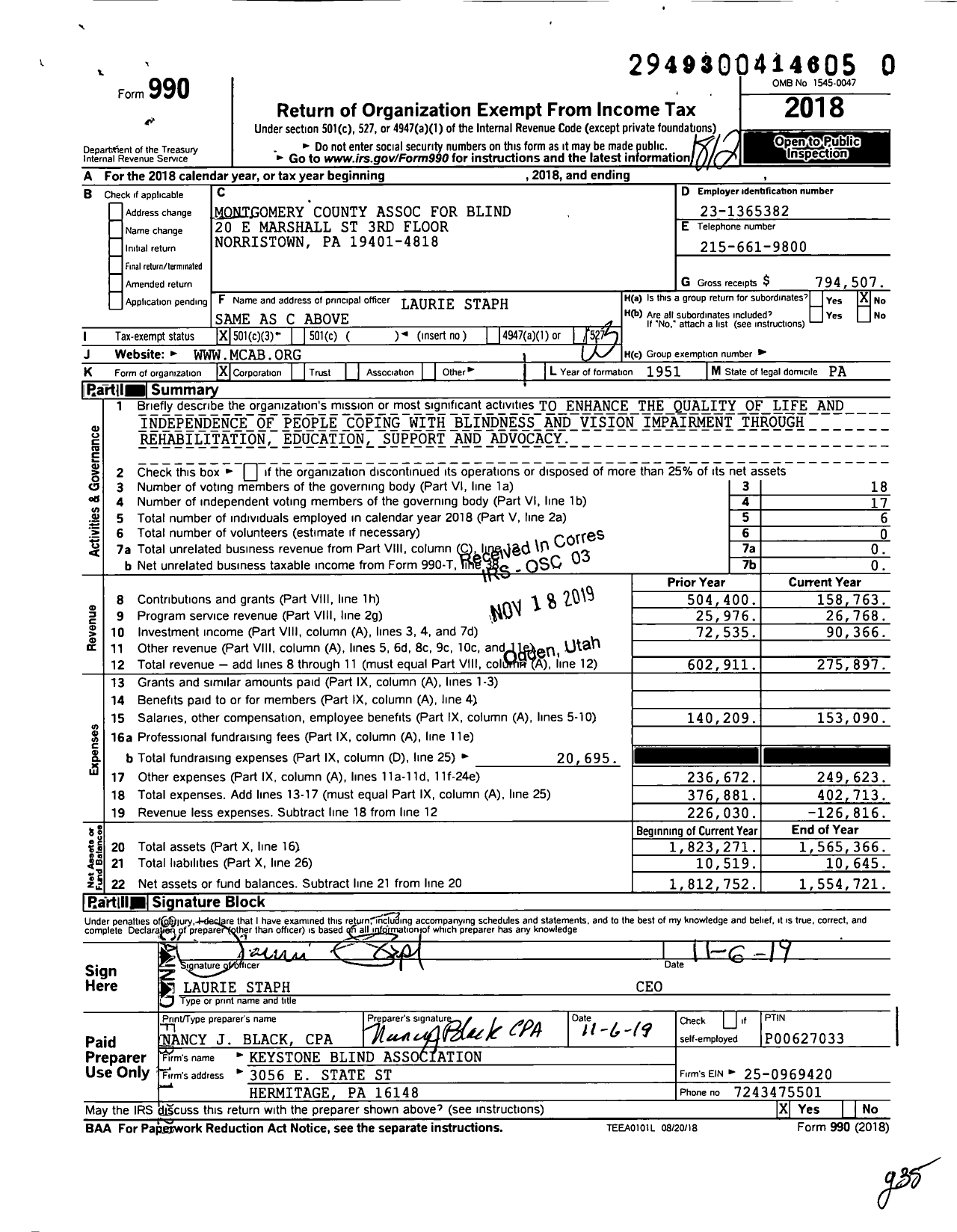 Image of first page of 2018 Form 990 for Montgomery County Association for Blind