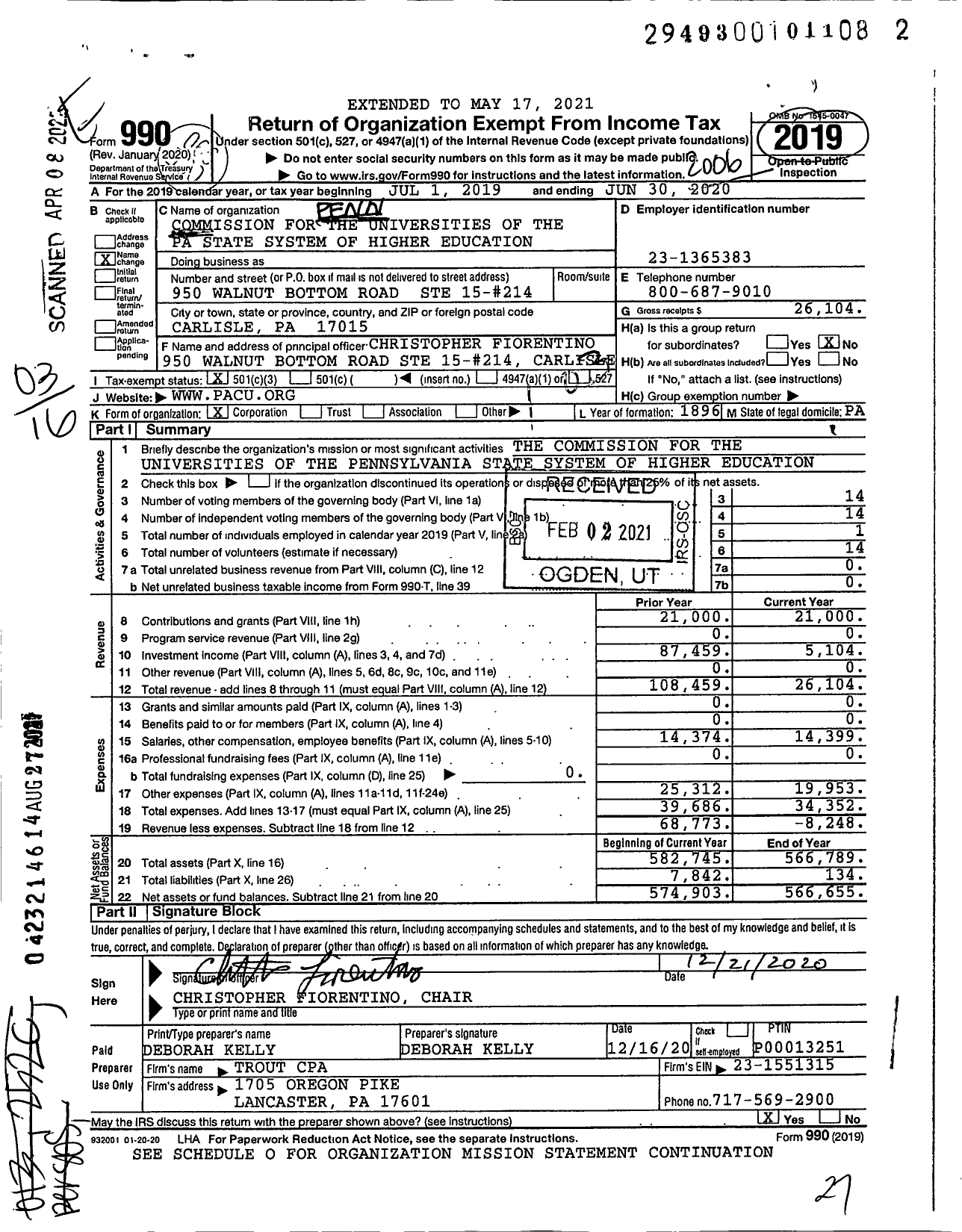 Image of first page of 2019 Form 990 for Commission for the Universities of the Pa State System of Higher Education