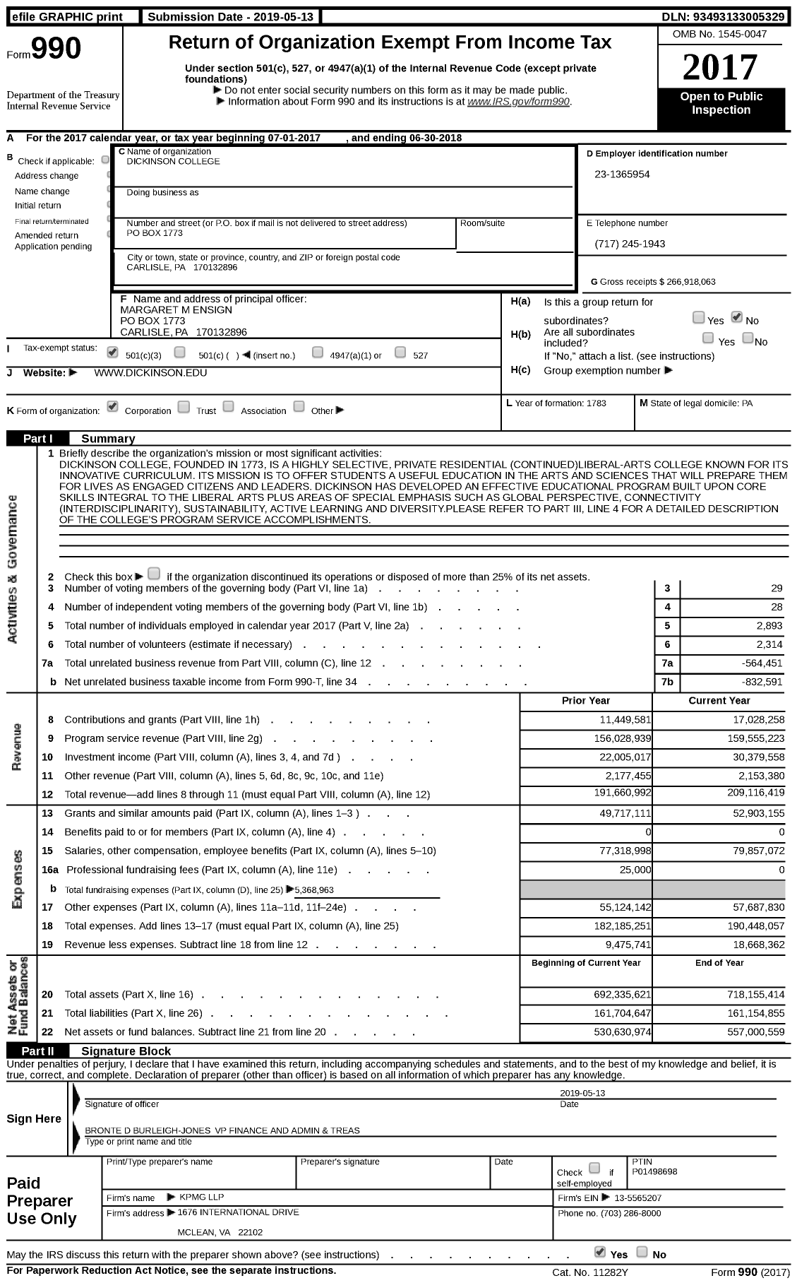 Image of first page of 2017 Form 990 for Dickinson College