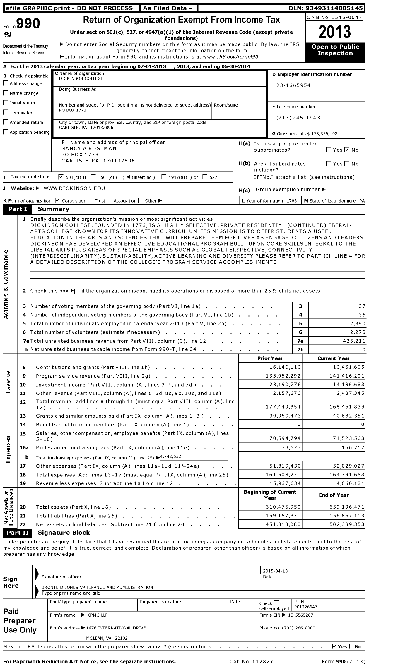 Image of first page of 2013 Form 990 for Dickinson College