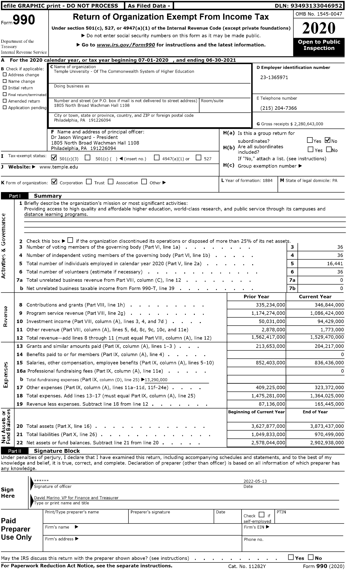 Image of first page of 2020 Form 990 for Temple University (TU)