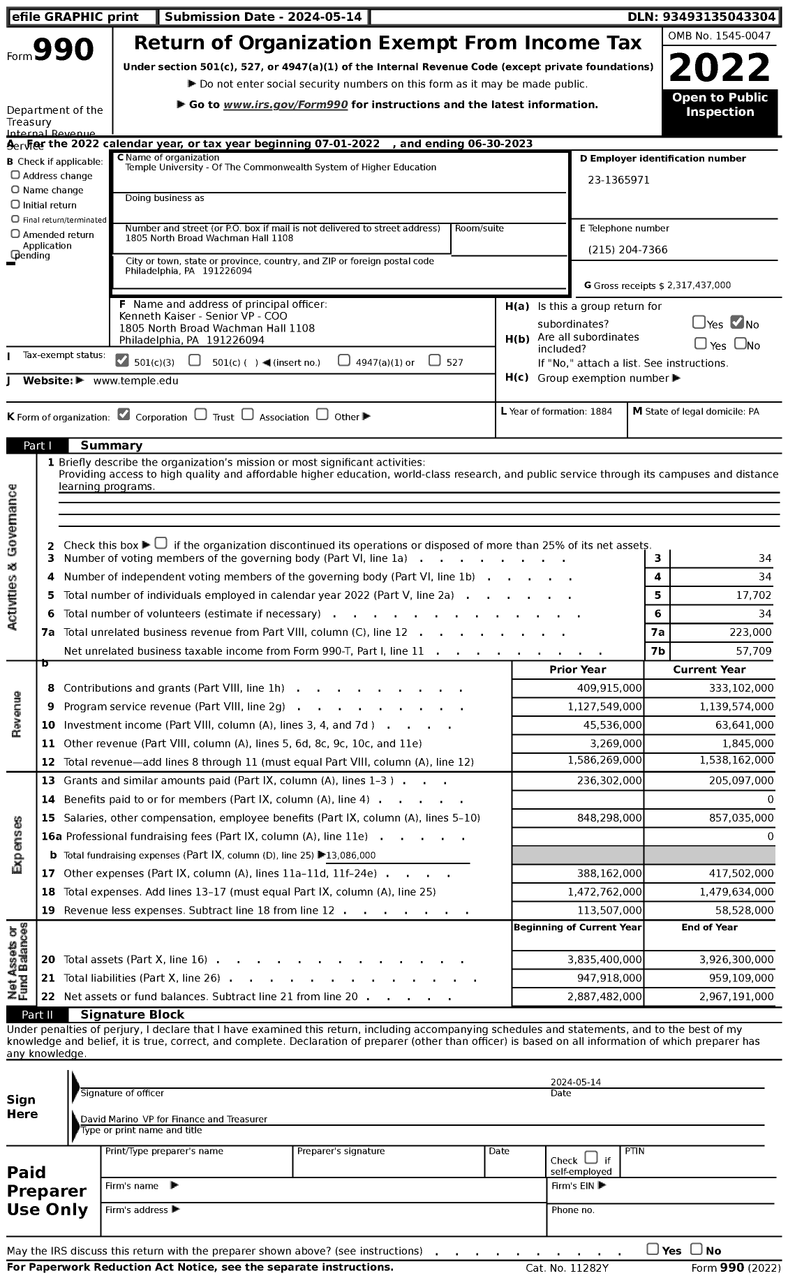 Image of first page of 2022 Form 990 for Temple University (TU)