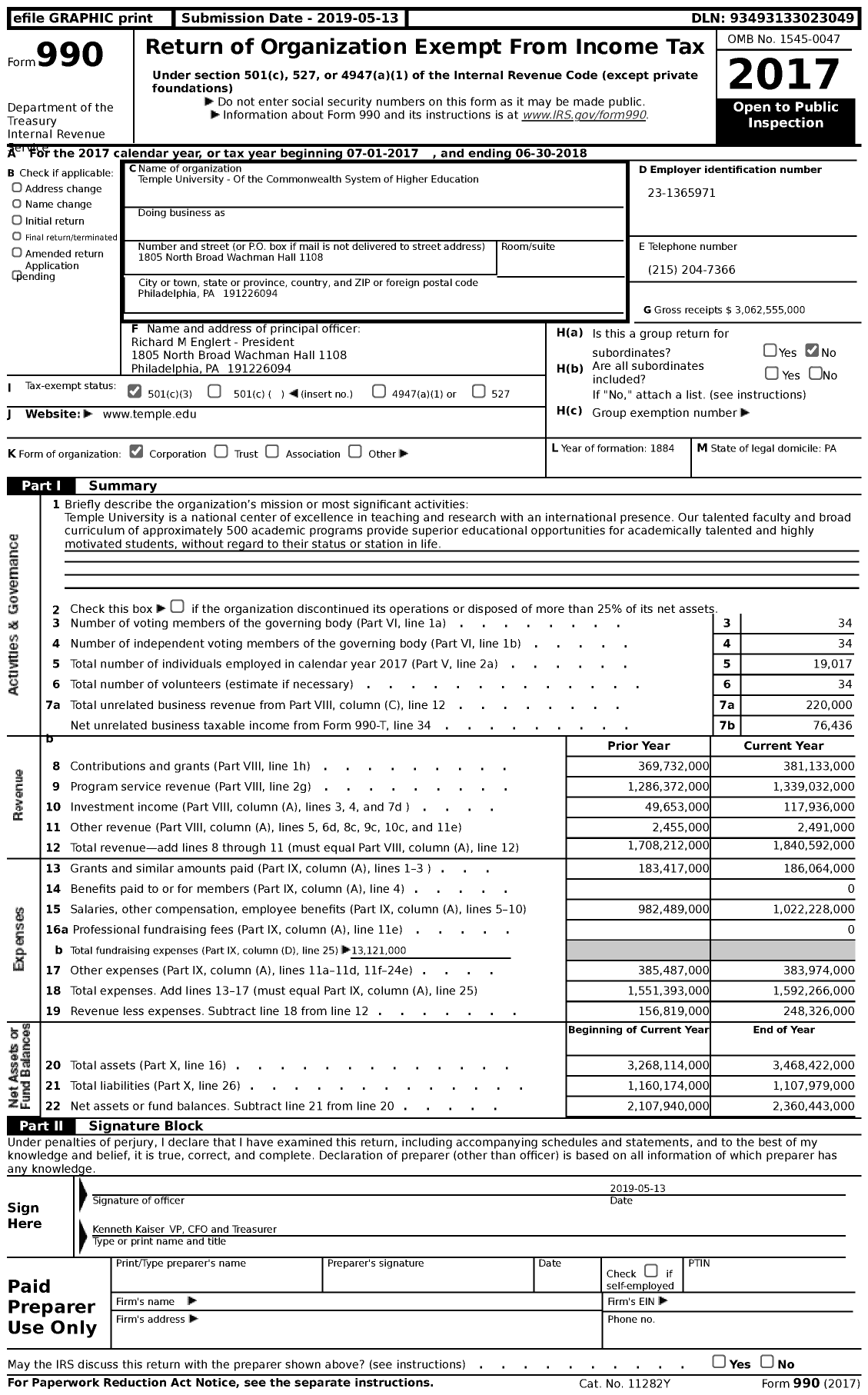 Image of first page of 2017 Form 990 for Temple University (TU)