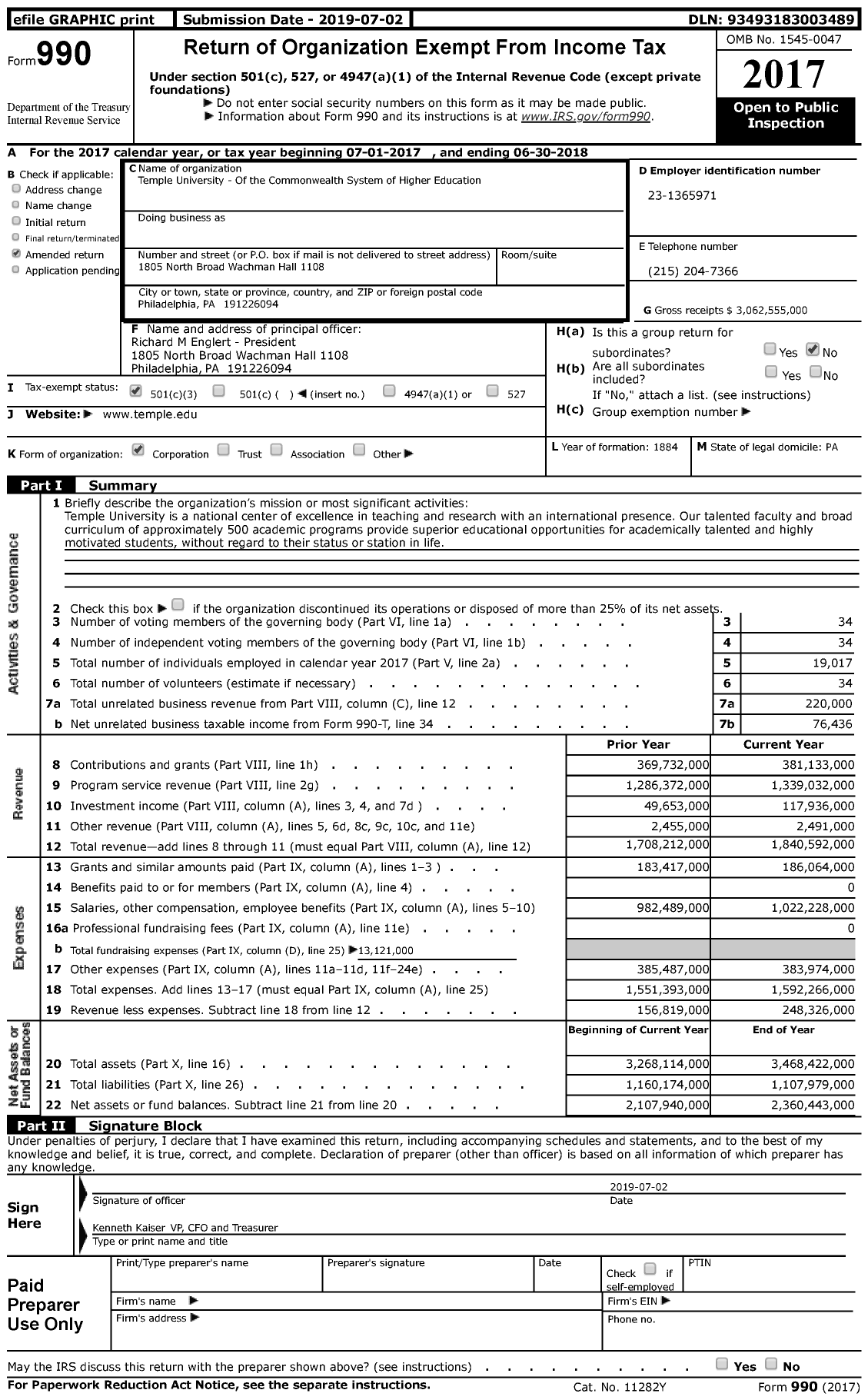 Image of first page of 2017 Form 990 for Temple University (TU)