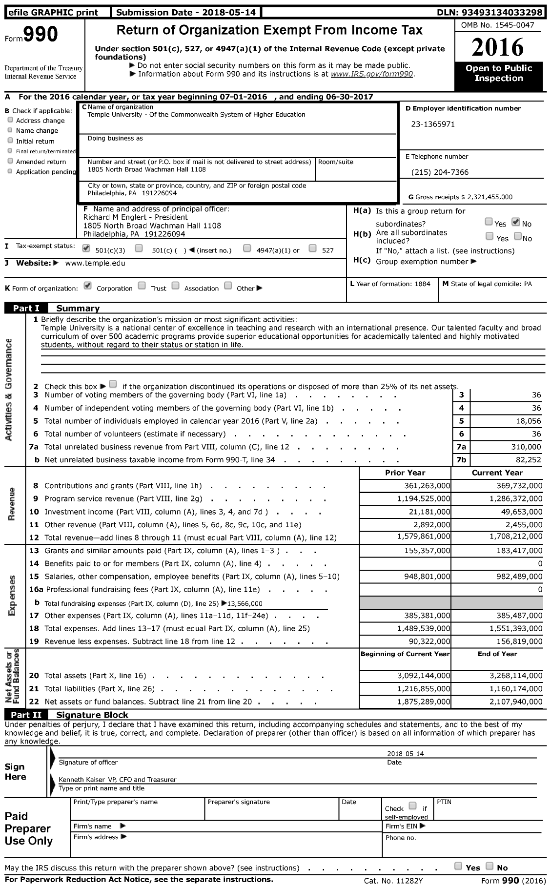 Image of first page of 2016 Form 990 for Temple University (TU)