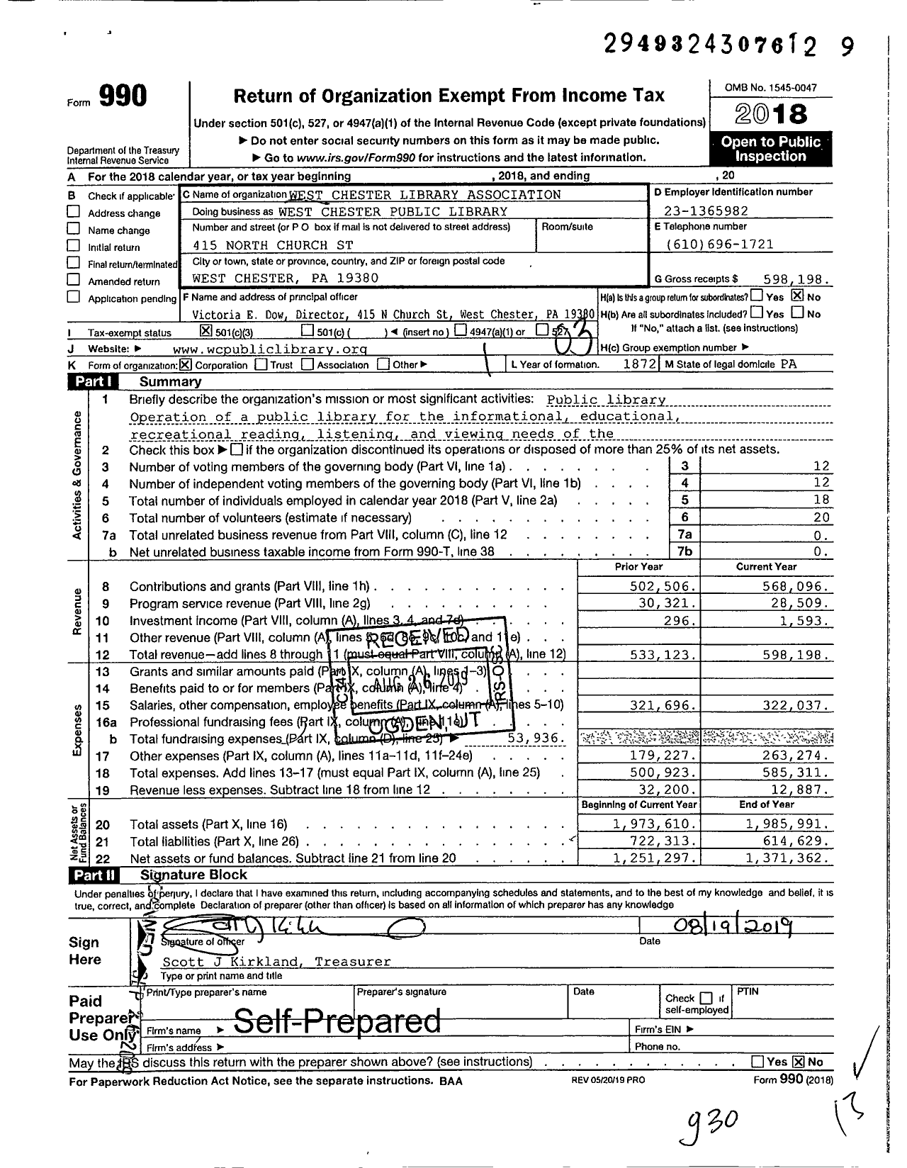 Image of first page of 2018 Form 990 for West CHESTER Library ASSOCIATION West CHESTER Public Library