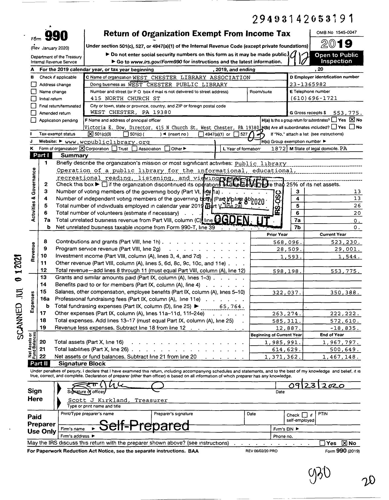 Image of first page of 2019 Form 990 for West CHESTER LIBRARY ASSOCIATION West CHESTER Public LIBRARY