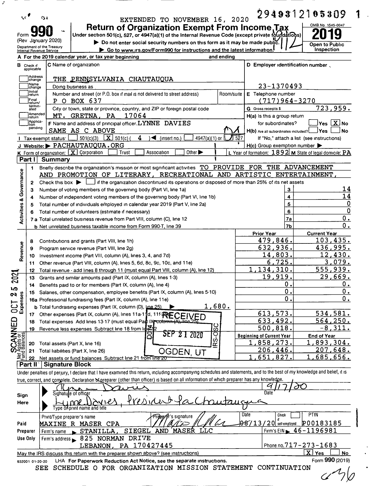 Image of first page of 2019 Form 990O for The Pennsylvania Chautauqua