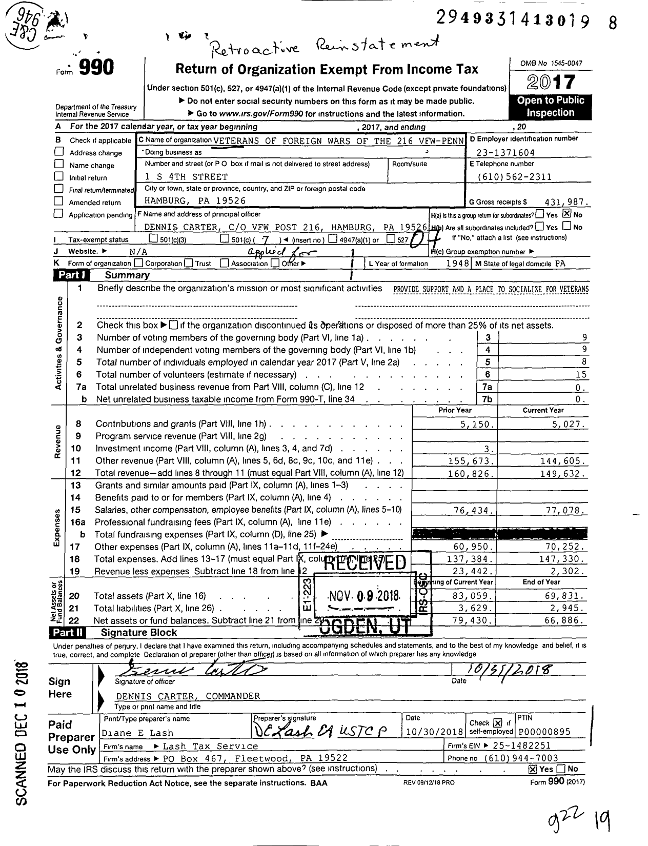 Image of first page of 2017 Form 990O for Veterans of Foreign Wars of the 216 Vfw-Penn