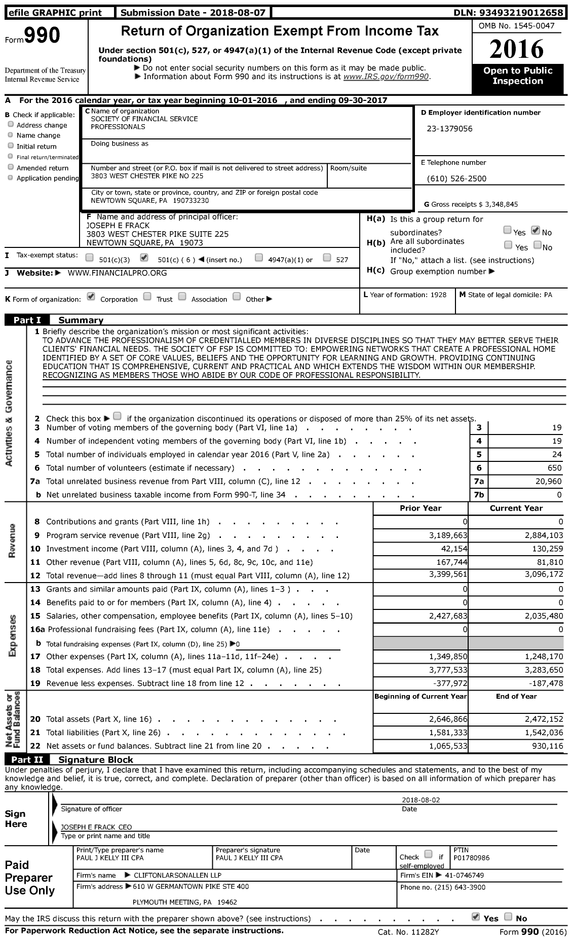 Image of first page of 2016 Form 990 for Society of Financial Service Professionals