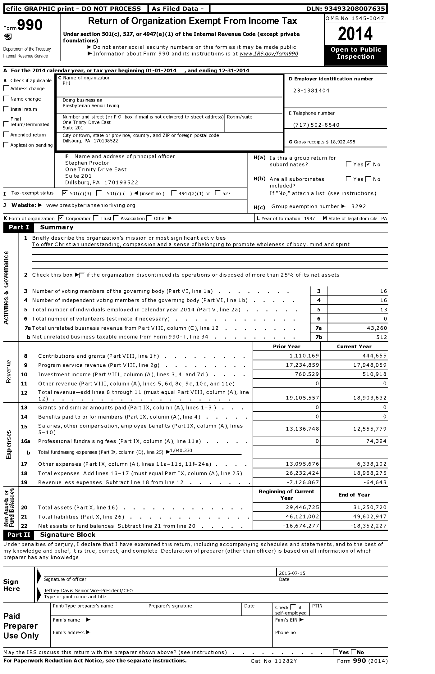 Image of first page of 2014 Form 990 for Presbyterian Senior Living