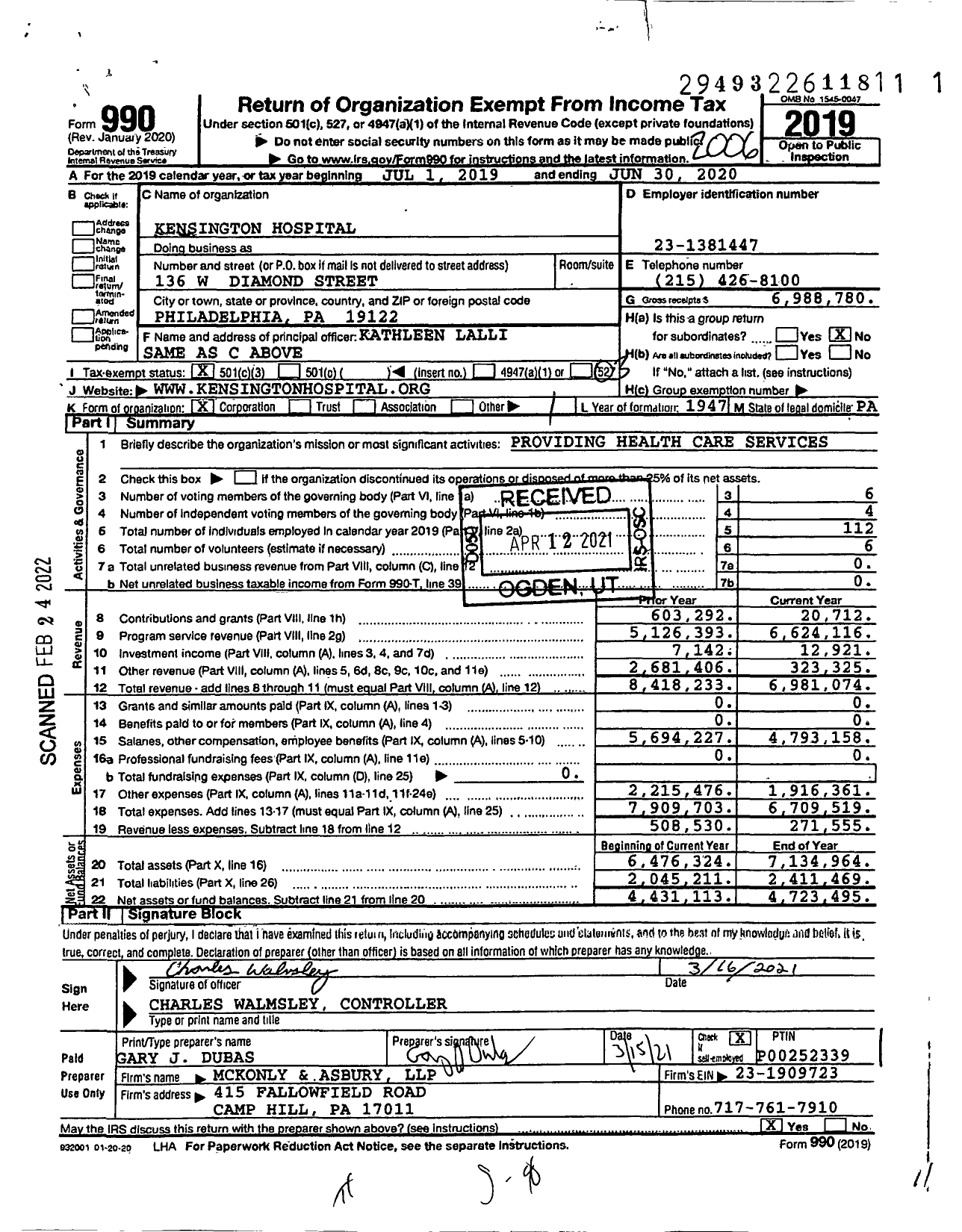 Image of first page of 2019 Form 990 for Kensington Hospital