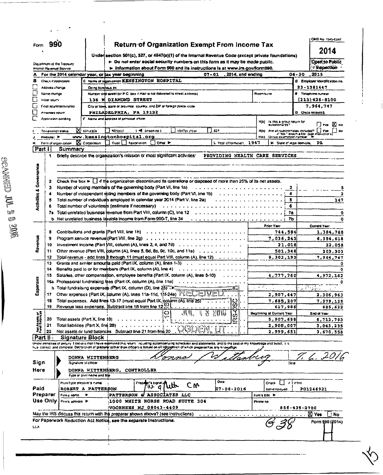 Image of first page of 2014 Form 990 for Kensington Hospital