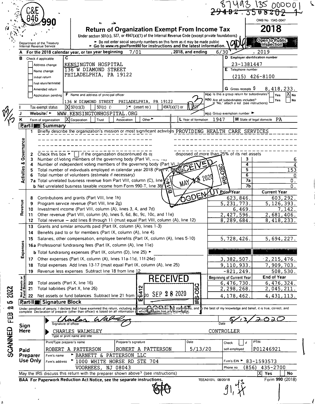 Image of first page of 2018 Form 990 for Kensington Hospital