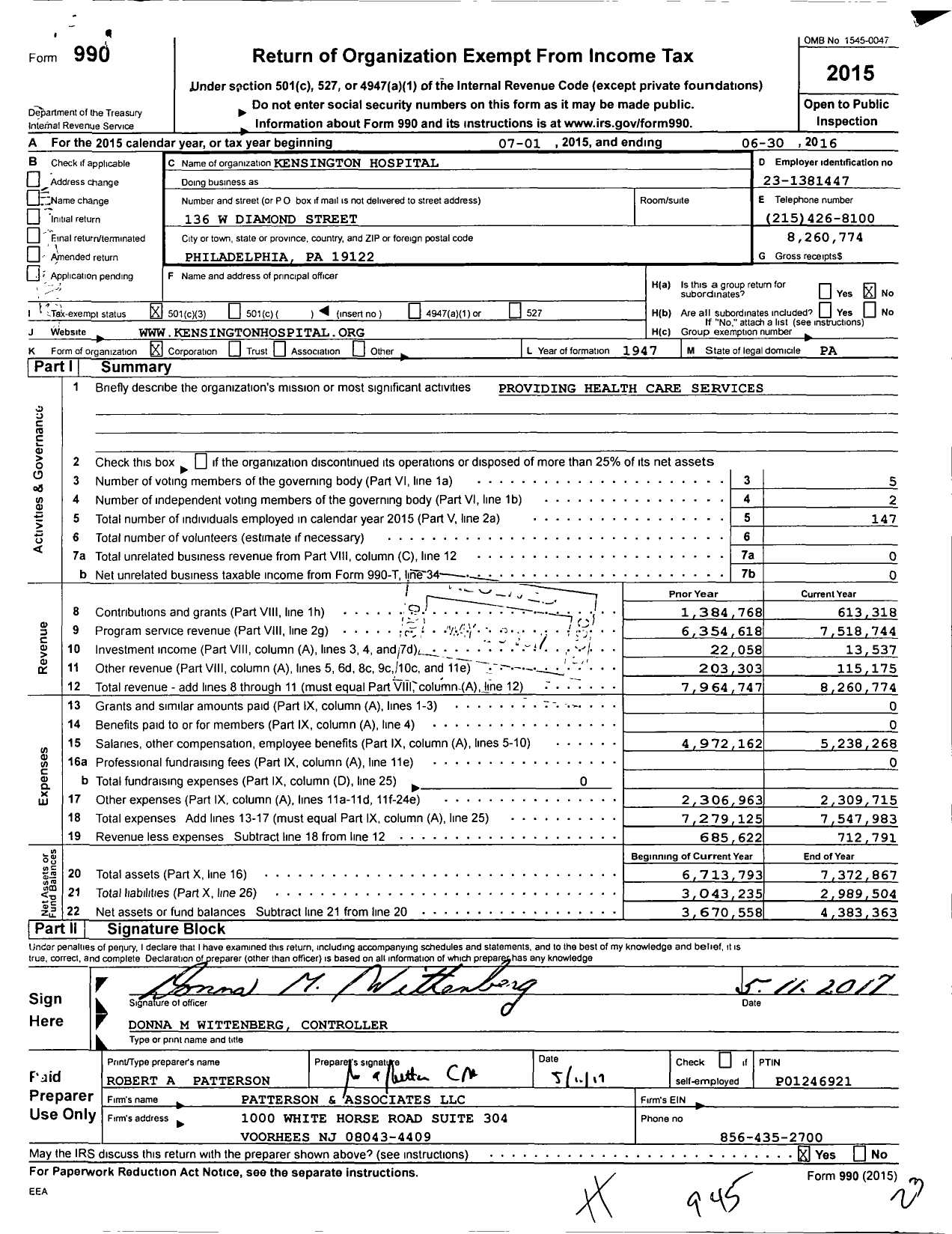 Image of first page of 2015 Form 990 for Kensington Hospital