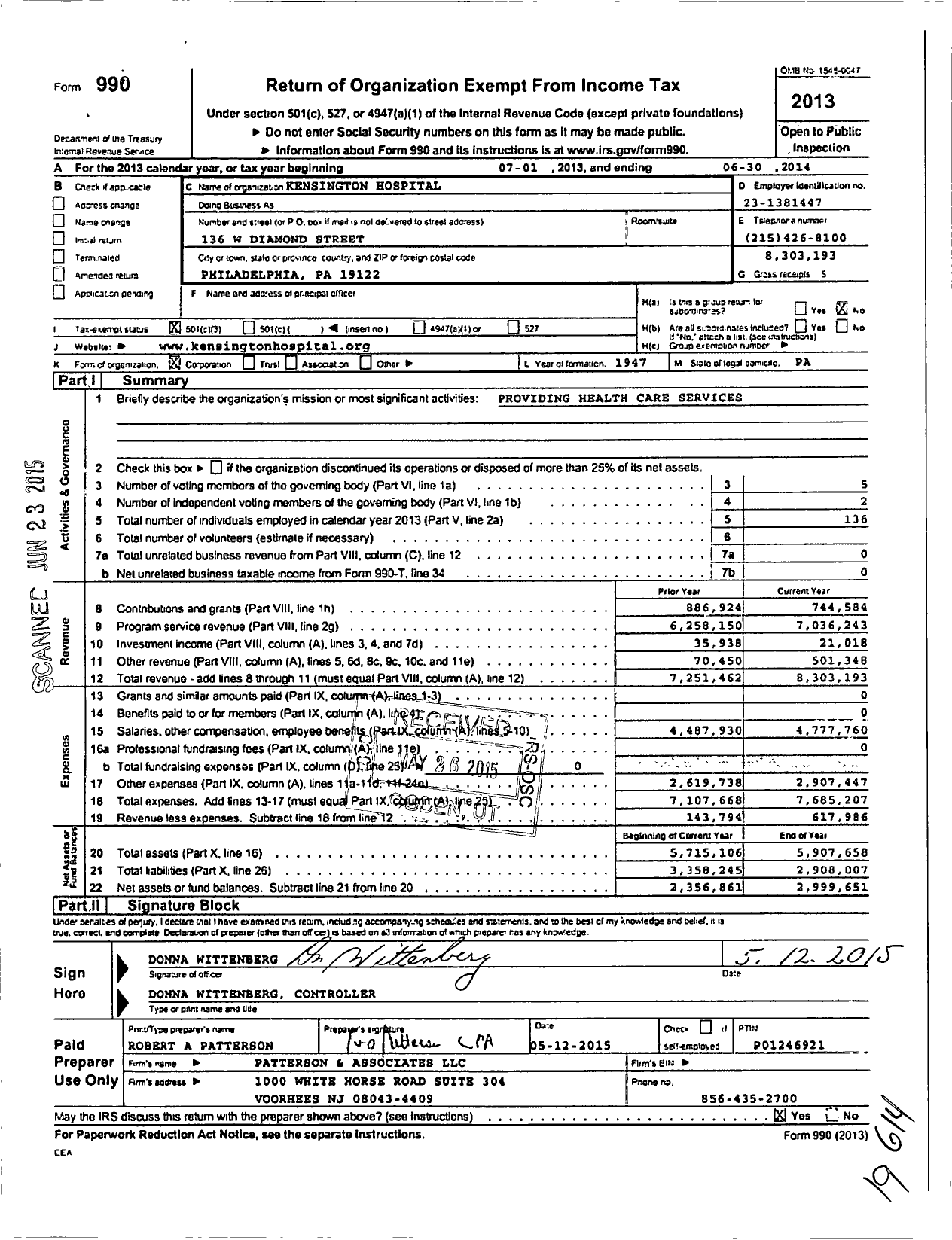 Image of first page of 2013 Form 990 for Kensington Hospital