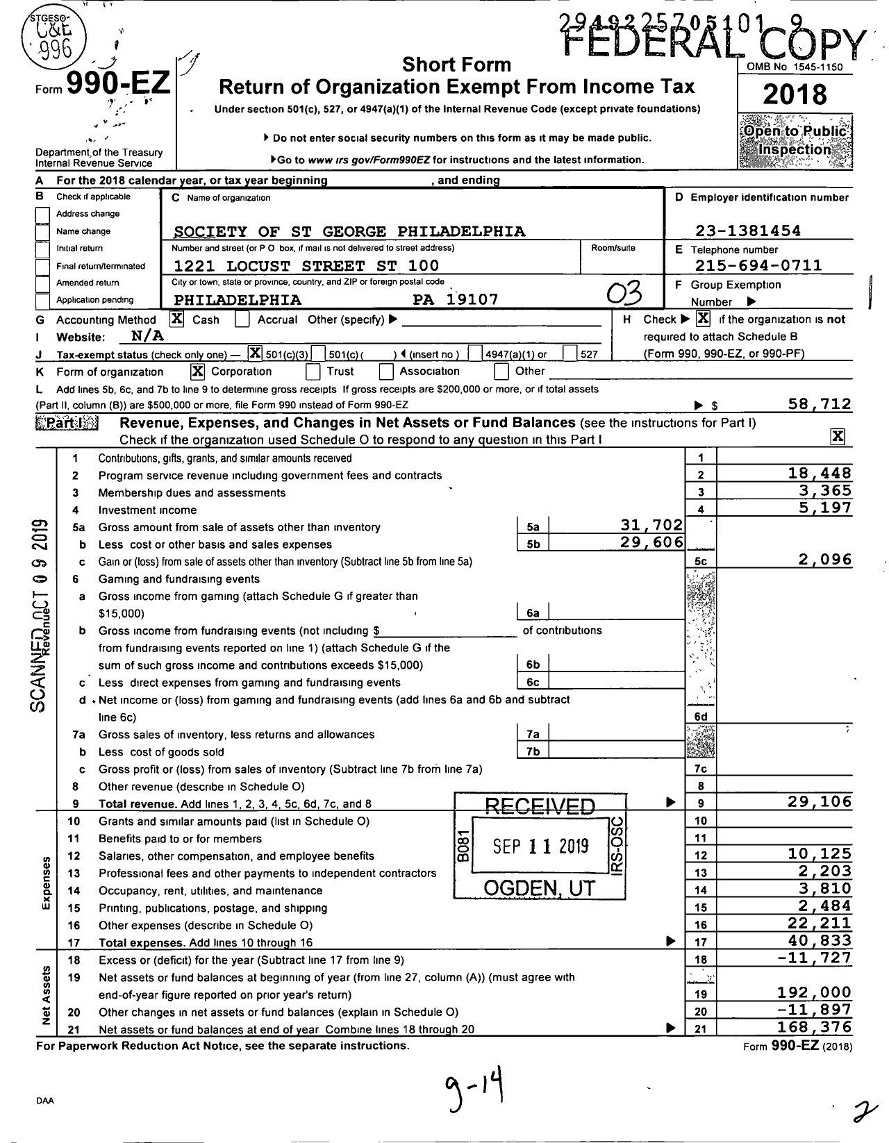 Image of first page of 2018 Form 990EZ for Society of St George Philadelphia