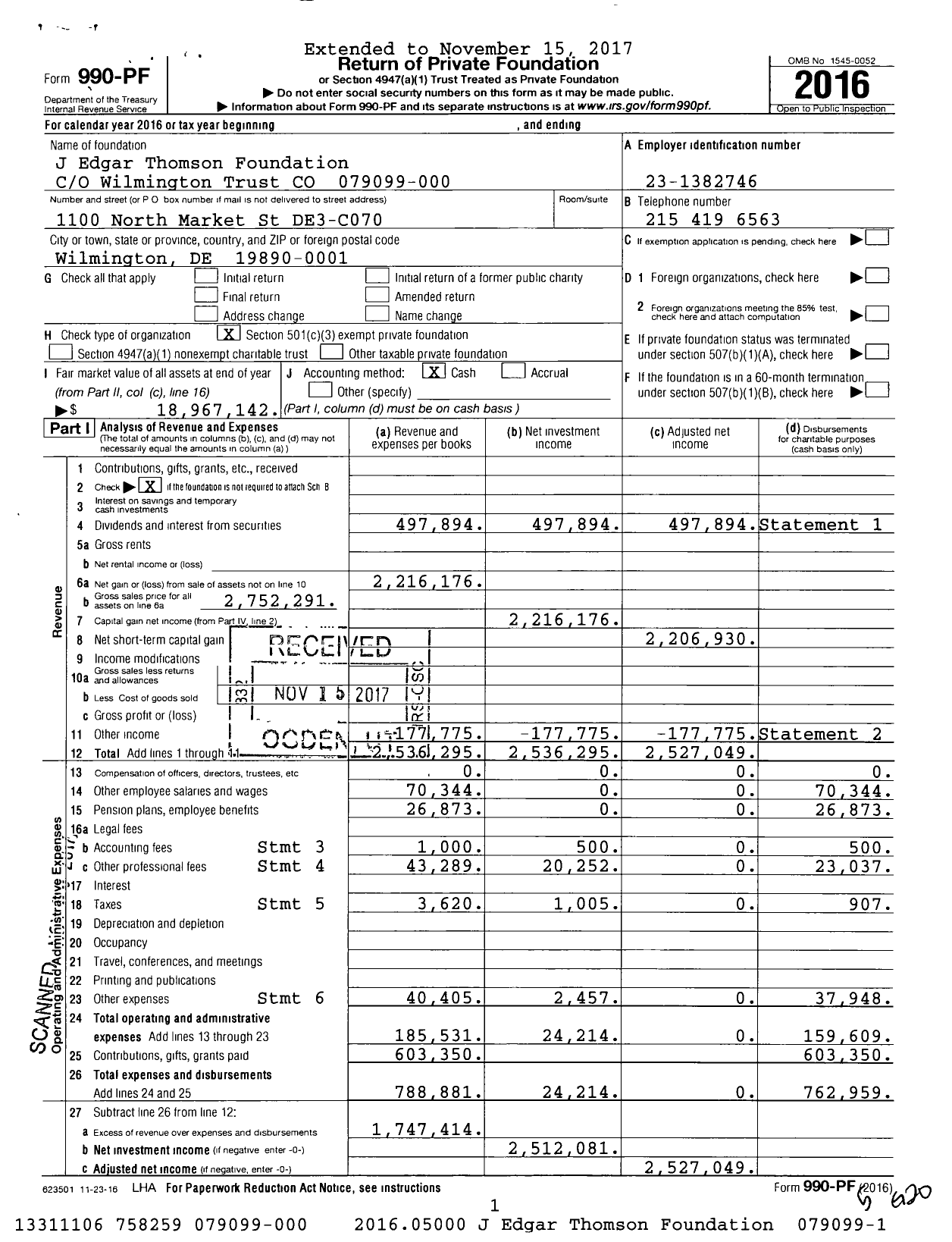 Image of first page of 2016 Form 990PF for J Edgar Thomson Foundation 163-079099-000