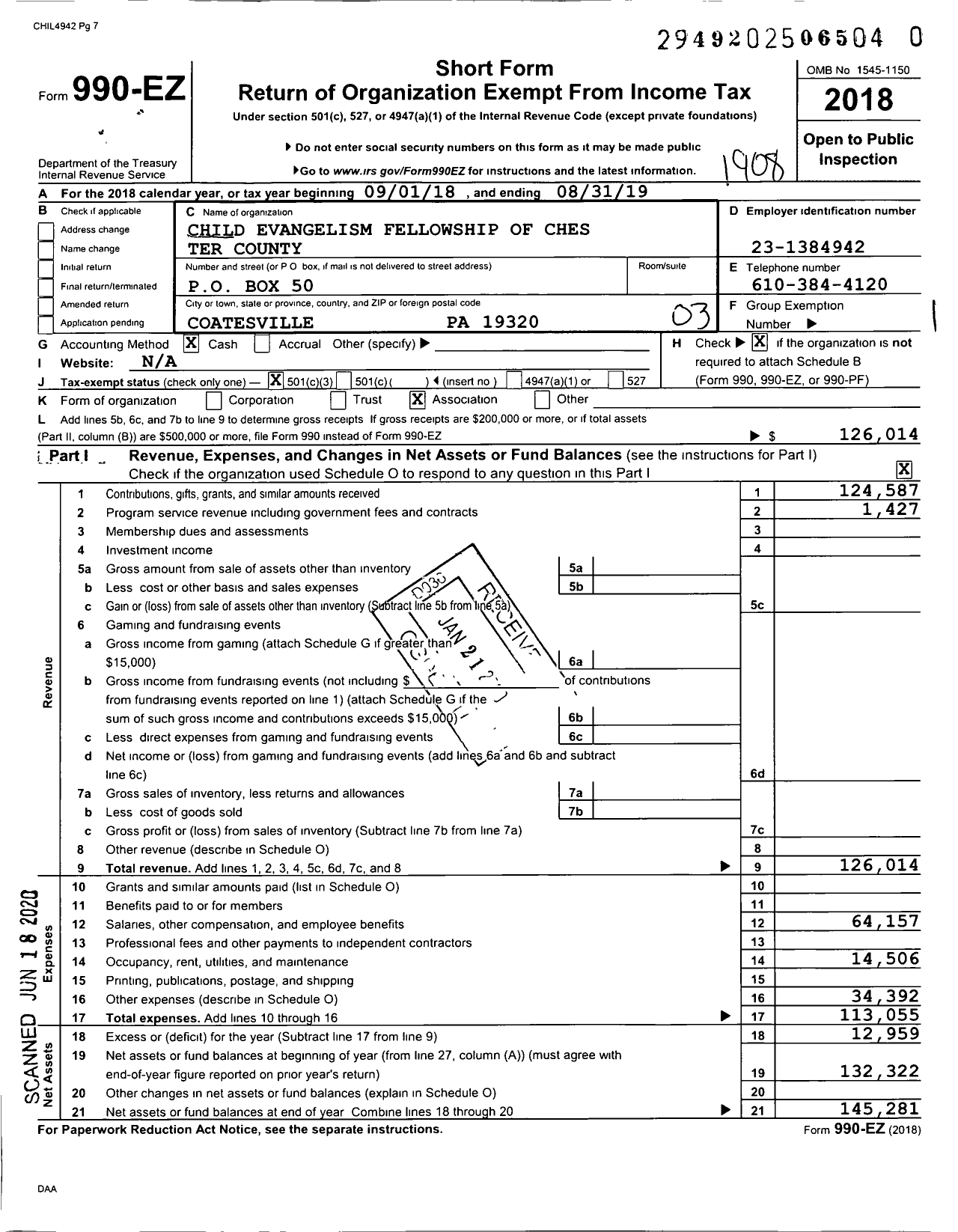 Image of first page of 2018 Form 990EZ for Child Evangelism Fellowship of Chester Ter County