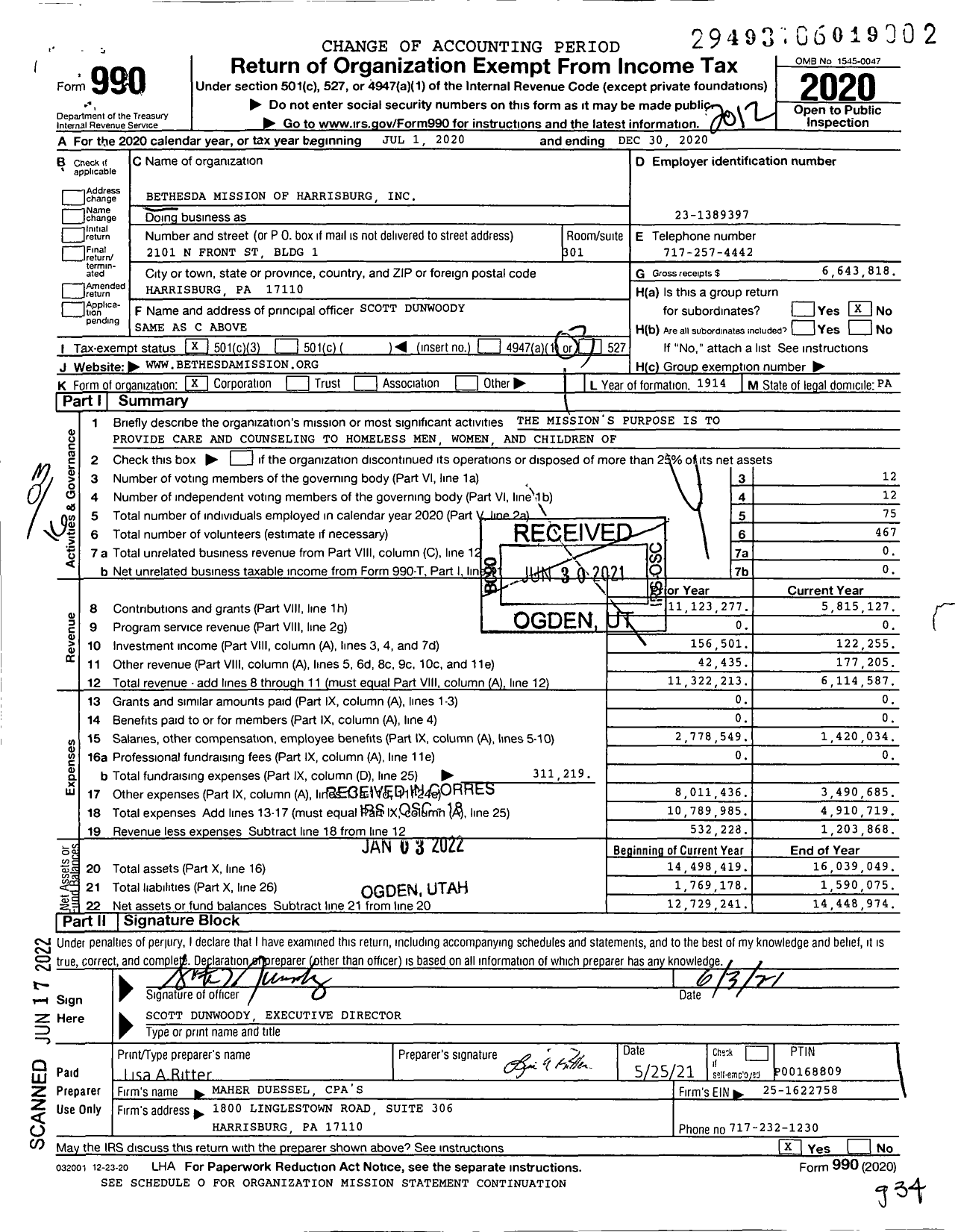 Image of first page of 2020 Form 990 for Bethesda Mission of Harrisburg