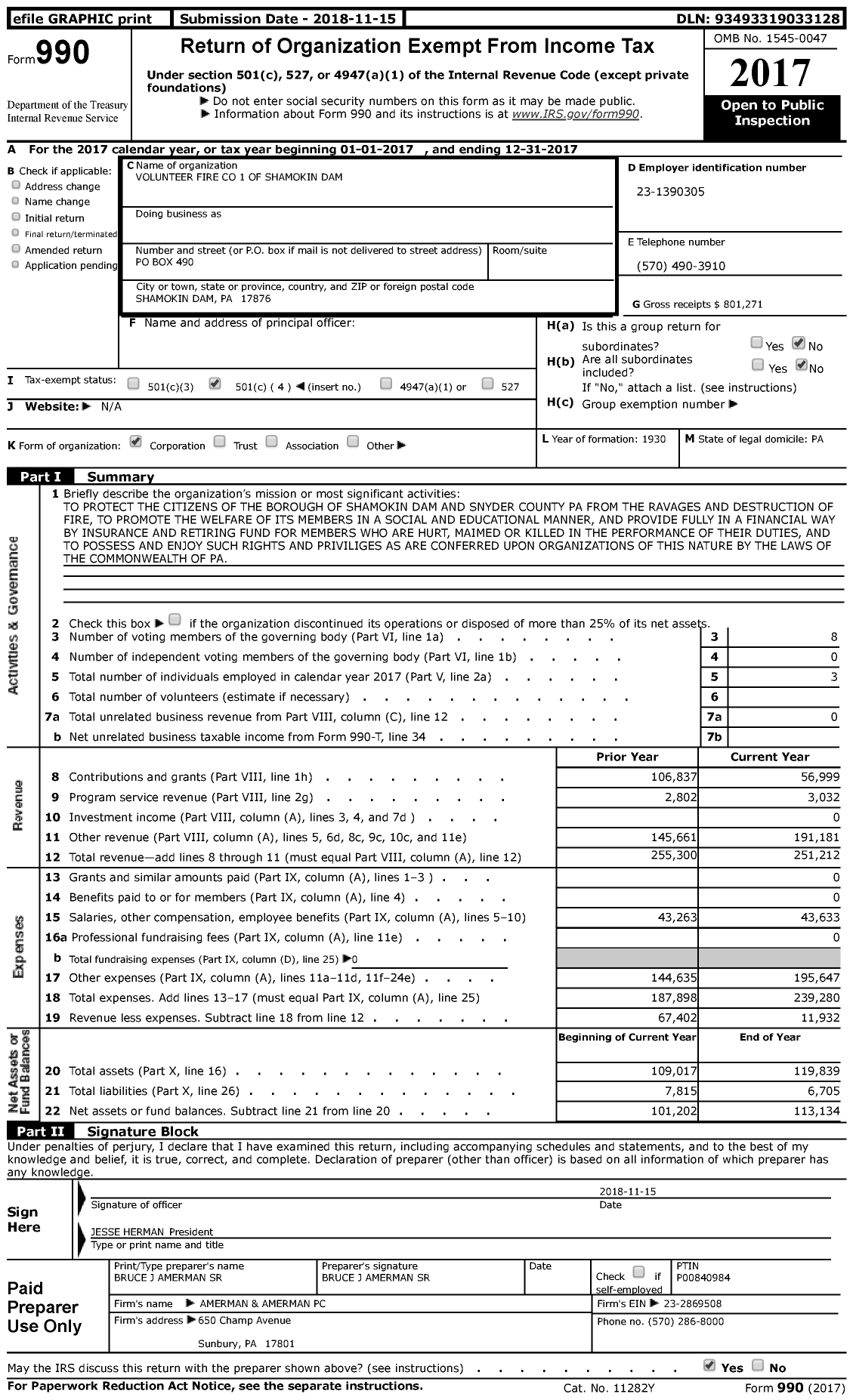 Image of first page of 2017 Form 990 for Volunteer Fire 1 of Shamokin Dam