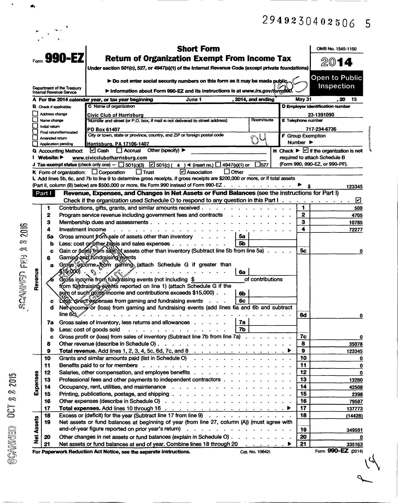 Image of first page of 2014 Form 990EO for Civic Club of Harrisburg