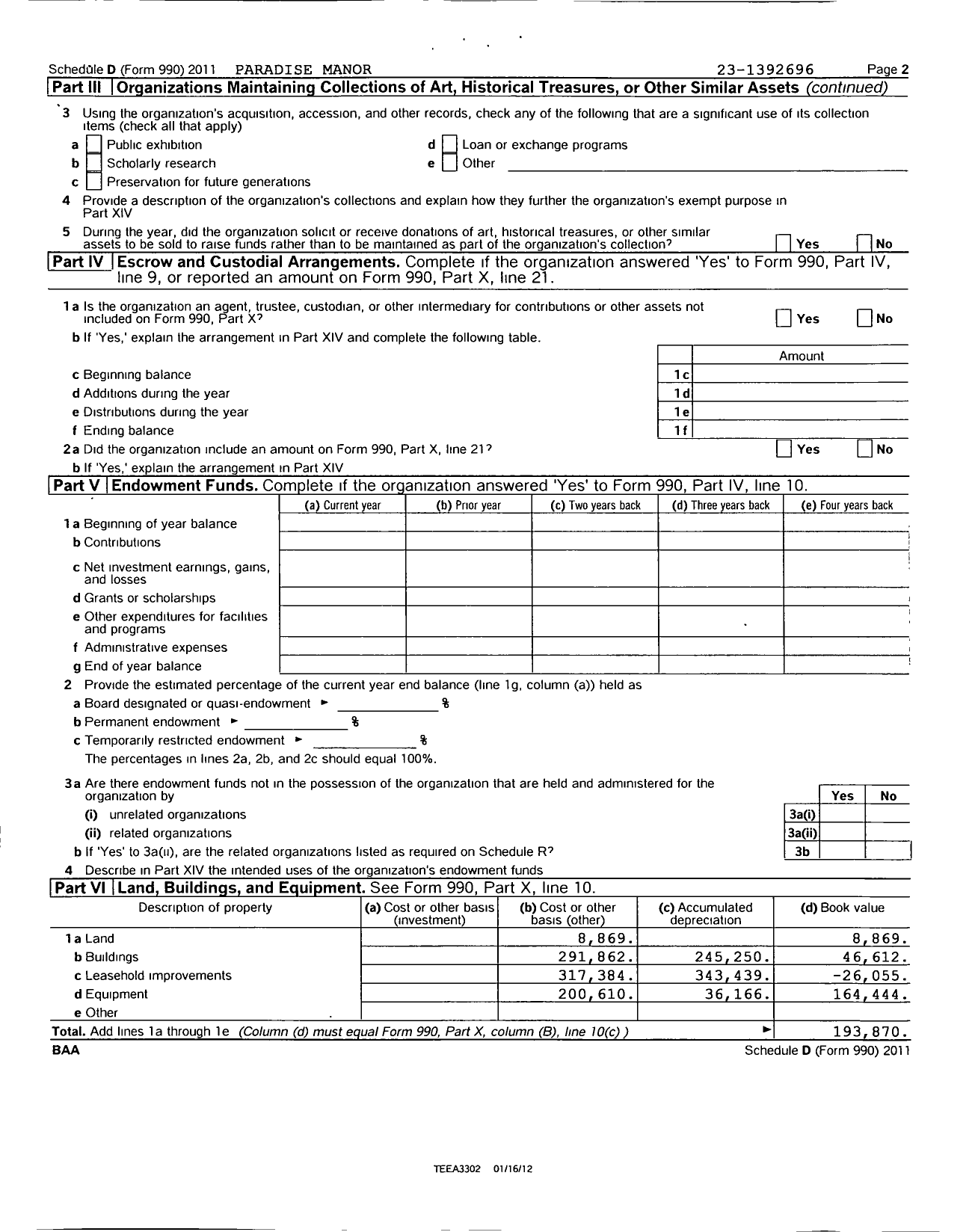 Image of first page of 2011 Form 990 for Paradise Manor