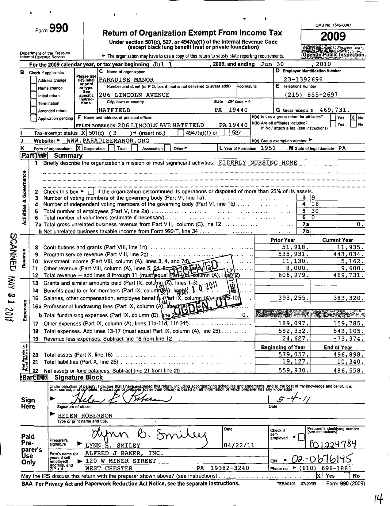 Image of first page of 2009 Form 990 for Paradise Manor