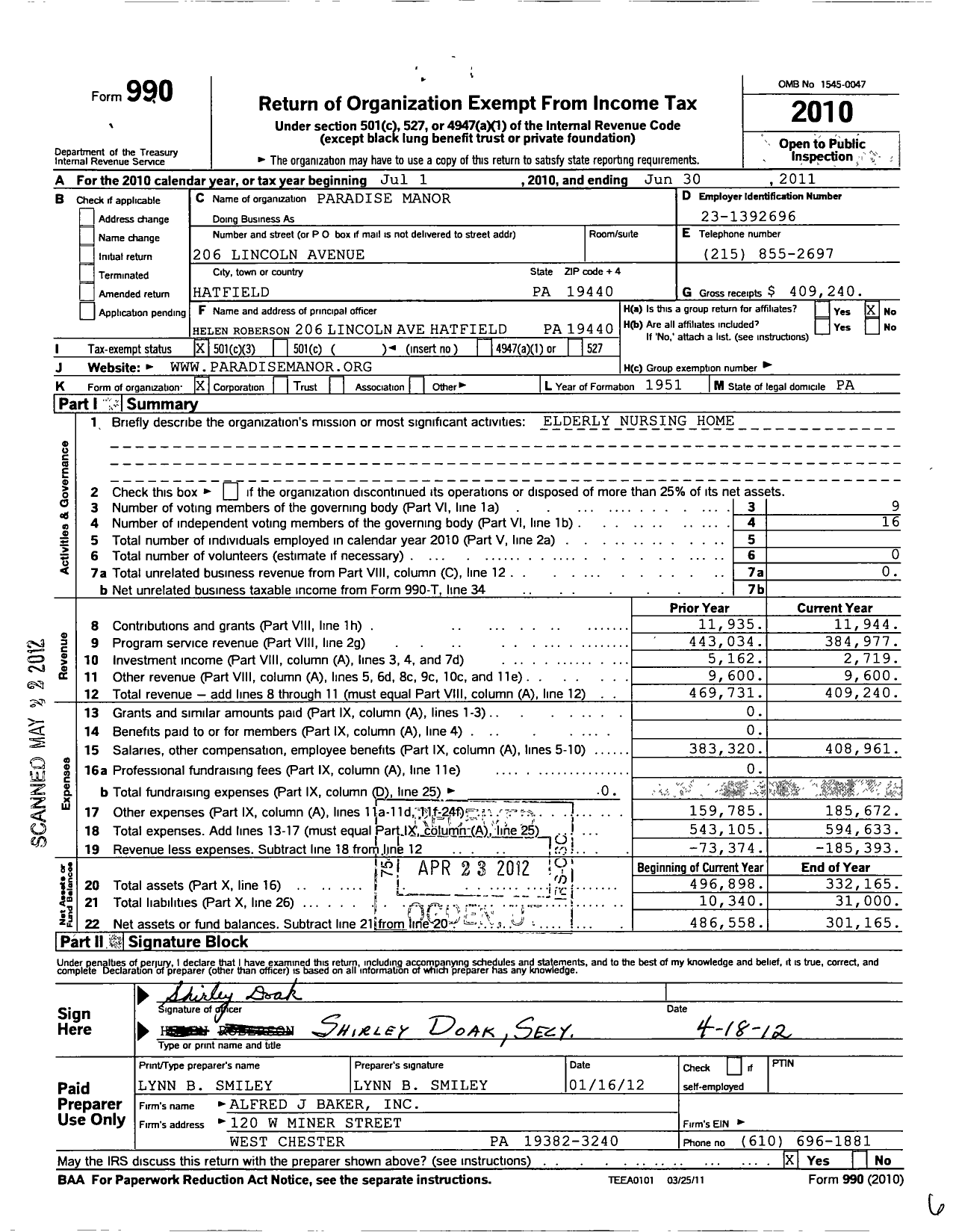 Image of first page of 2010 Form 990 for Paradise Manor