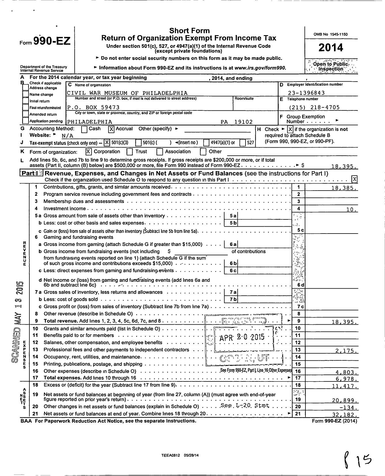 Image of first page of 2014 Form 990EZ for Civil War Museum of Philadelphia