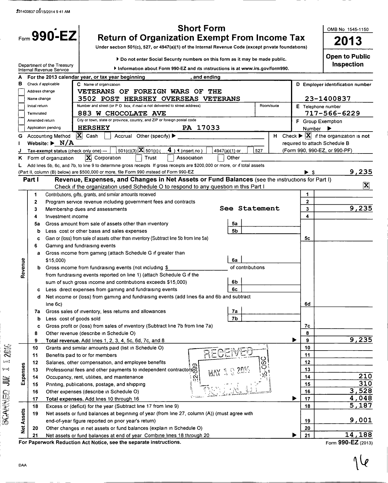 Image of first page of 2013 Form 990EO for VFW Department of Pennsylvania - 3502 Hershey Overseas Veterans Post