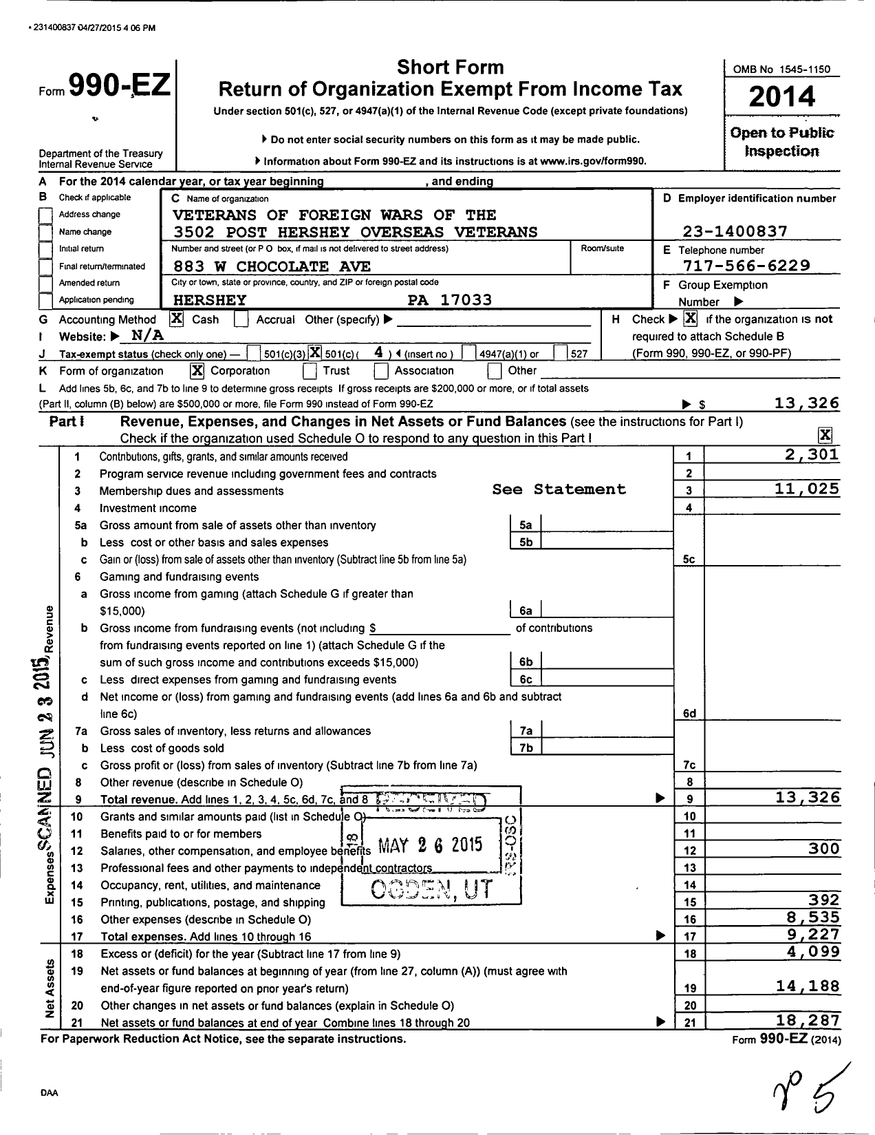 Image of first page of 2014 Form 990EO for VFW Department of Pennsylvania - 3502 Hershey Overseas Veterans Post