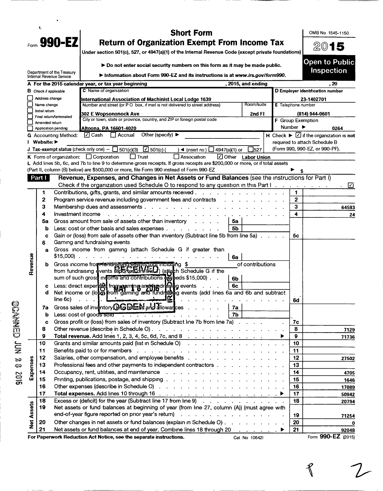 Image of first page of 2015 Form 990EO for International Association of Machinists and Aerospace Workers - 1639