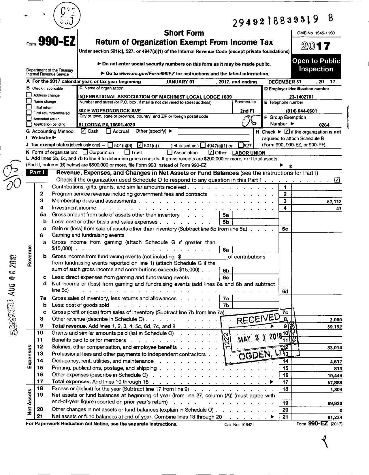 Image of first page of 2017 Form 990EO for International Association of Machinists and Aerospace Workers - 1639