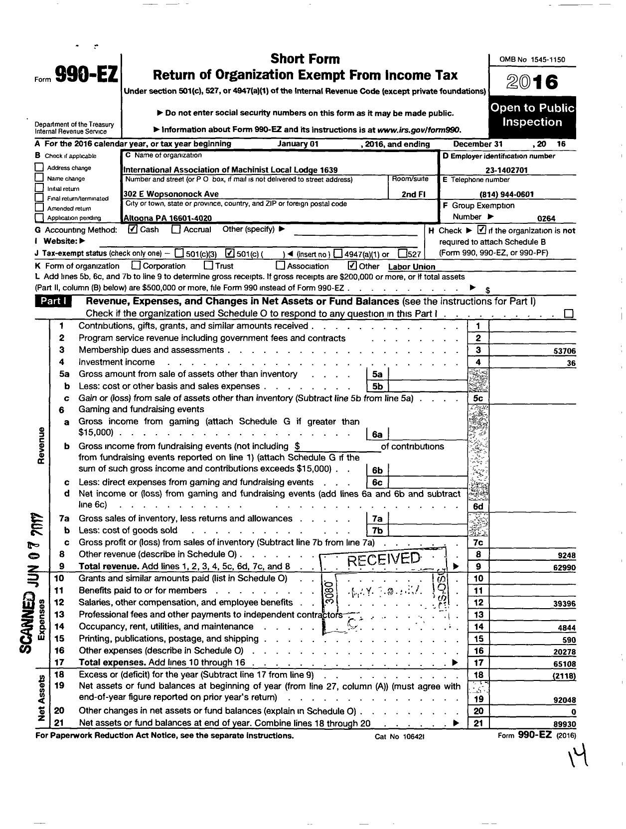 Image of first page of 2016 Form 990EO for International Association of Machinists and Aerospace Workers - 1639