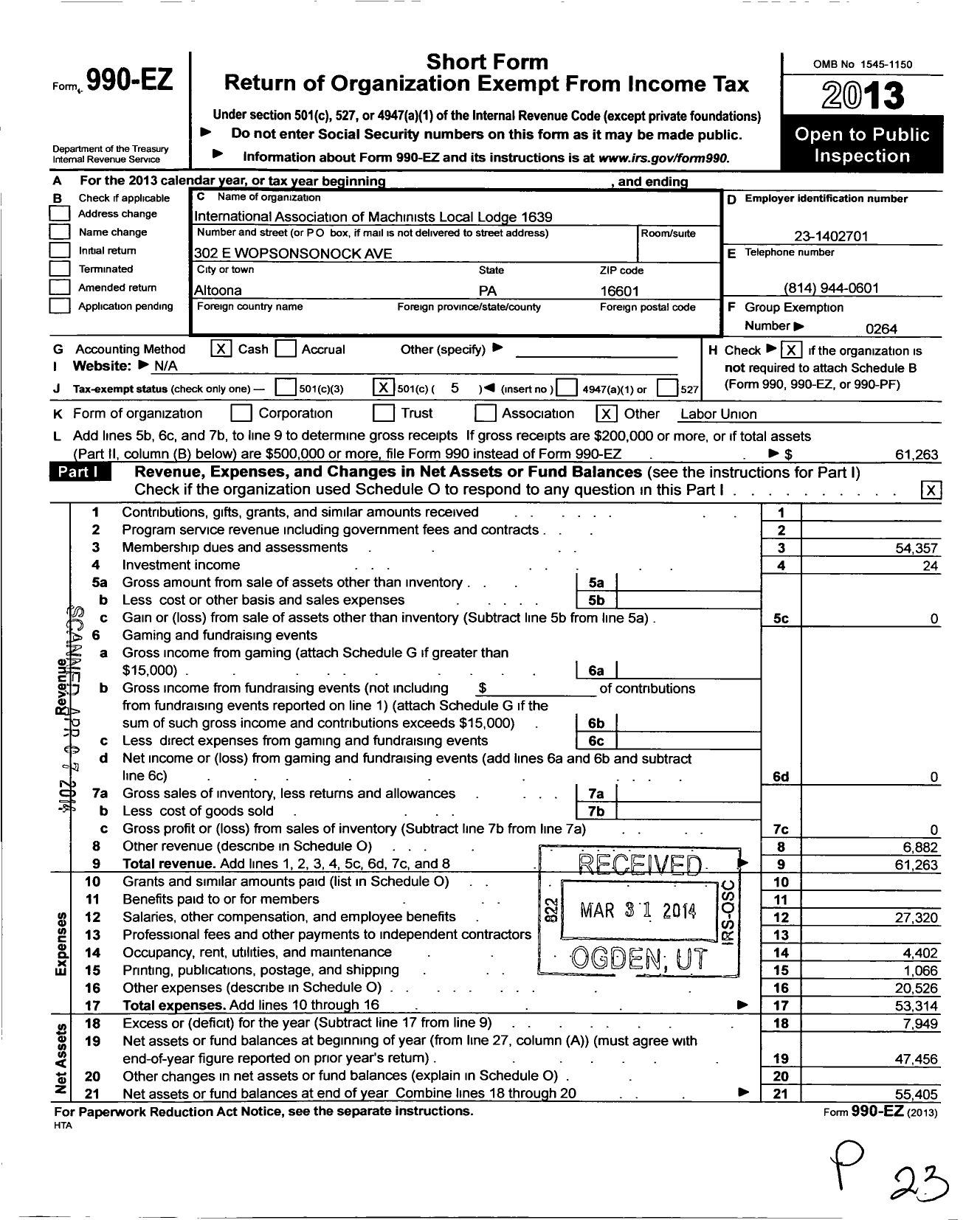 Image of first page of 2013 Form 990EO for International Association of Machinists and Aerospace Workers - 1639