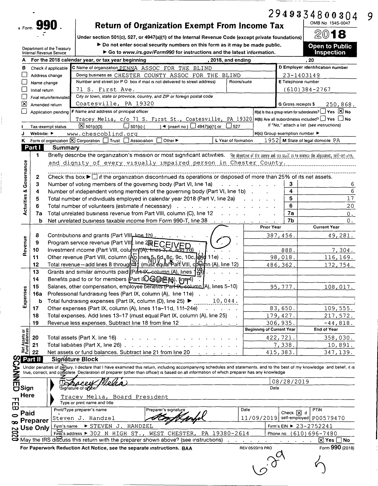 Image of first page of 2018 Form 990 for Chester County Association for the Blind