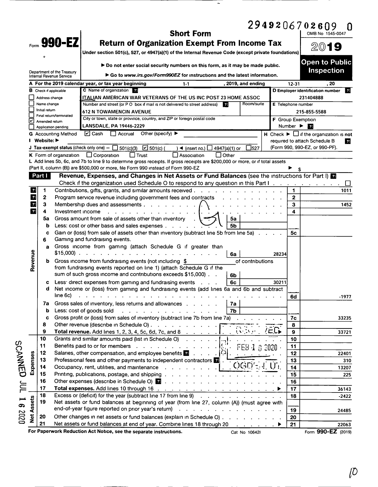 Image of first page of 2020 Form 990EO for Italian American War Veterans of the Us - Post 23 Home Association